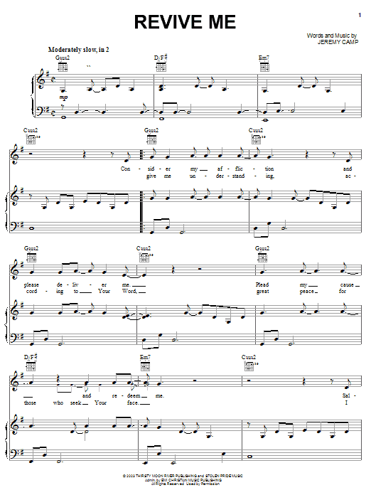 Jeremy Camp Revive Me Sheet Music Notes & Chords for Piano, Vocal & Guitar (Right-Hand Melody) - Download or Print PDF