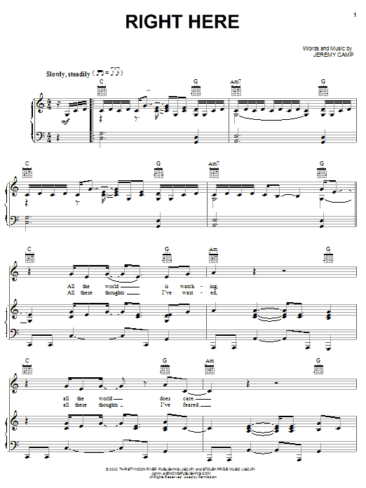 Jeremy Camp Right Here Sheet Music Notes & Chords for Piano, Vocal & Guitar (Right-Hand Melody) - Download or Print PDF Jeremy Camp Right Here Sheet Music Notes & Chords for Piano, Vocal & Guitar (Right-Hand Melody) - Download or Print PDF