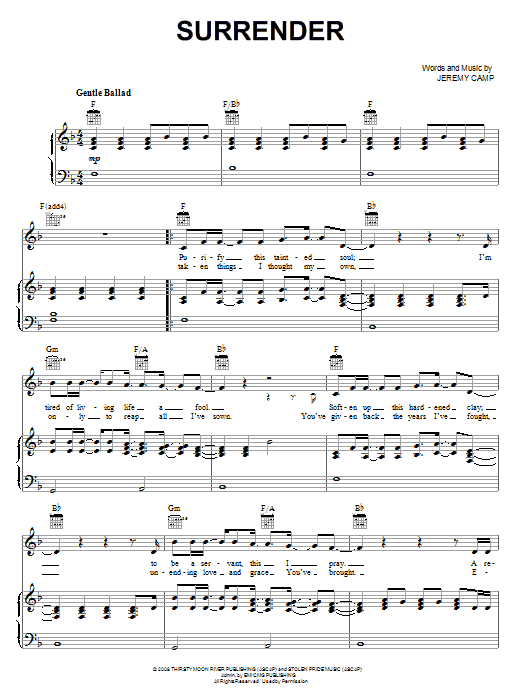 Jeremy Camp Surrender Sheet Music Notes & Chords for Piano, Vocal & Guitar (Right-Hand Melody) - Download or Print PDF Jeremy Camp Surrender Sheet Music Notes & Chords for Piano, Vocal & Guitar (Right-Hand Melody) - Download or Print PDF