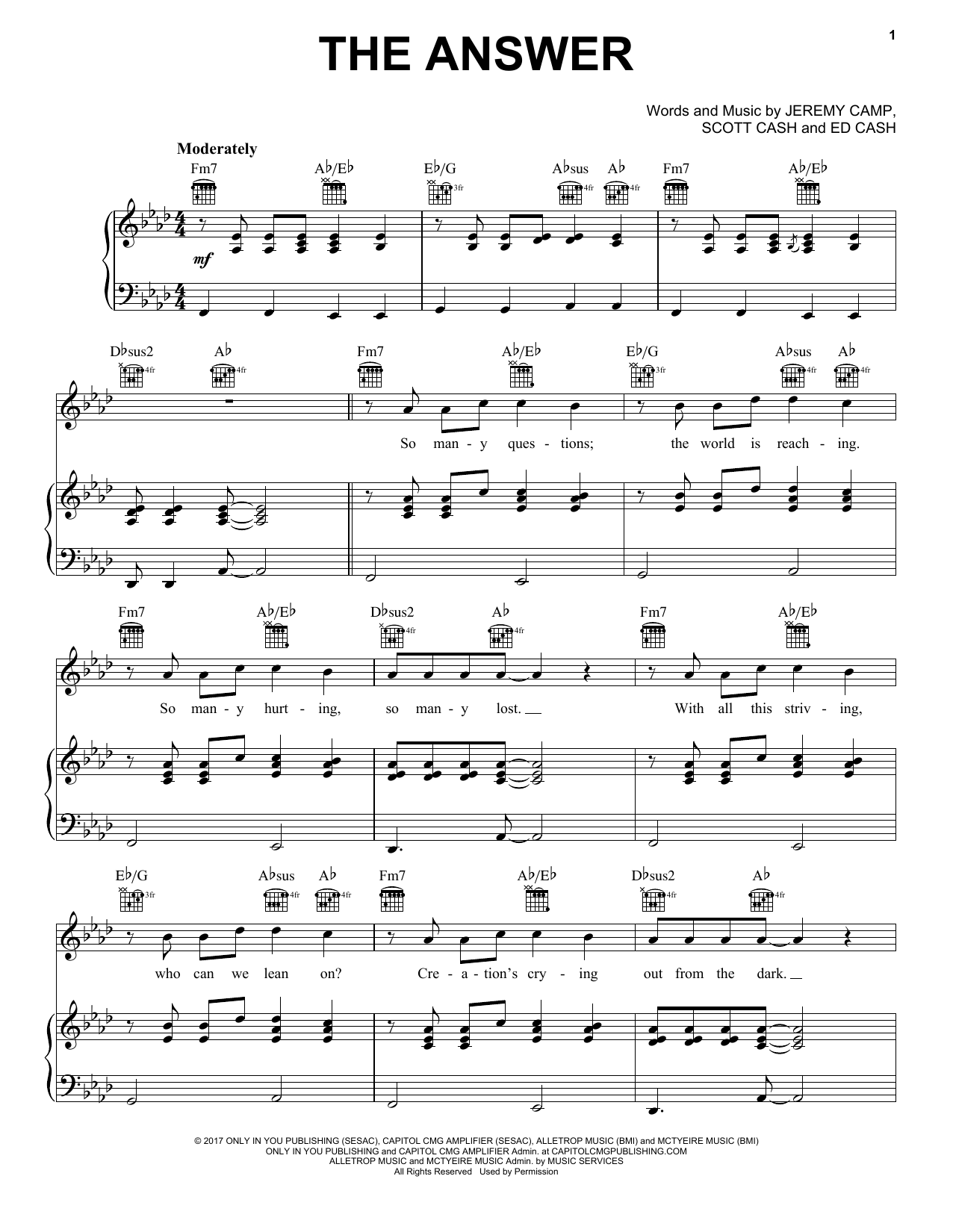 Jeremy Camp The Answer Sheet Music Notes & Chords for Piano, Vocal & Guitar (Right-Hand Melody) - Download or Print PDF
