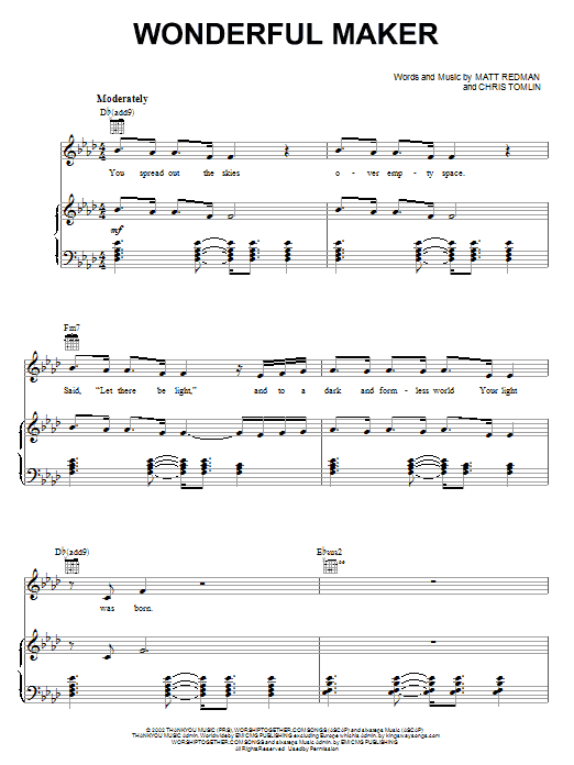 Jeremy Camp Wonderful Maker Sheet Music Notes & Chords for Piano, Vocal & Guitar (Right-Hand Melody) - Download or Print PDF