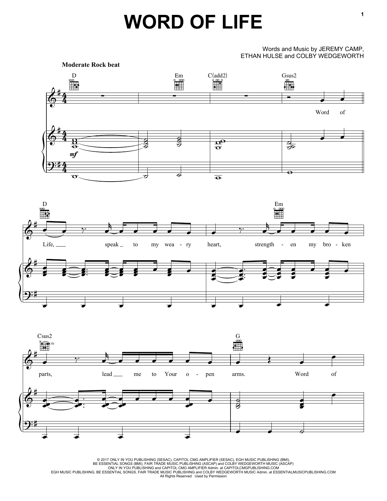 Jeremy Camp Word Of Life Sheet Music Notes & Chords for Piano, Vocal & Guitar (Right-Hand Melody) - Download or Print PDF