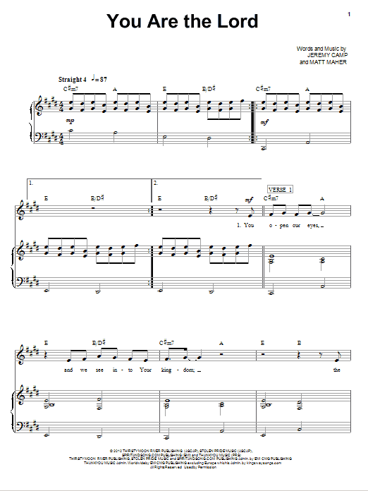 Jeremy Camp You Are The Lord Sheet Music Notes & Chords for Piano, Vocal & Guitar (Right-Hand Melody) - Download or Print PDF