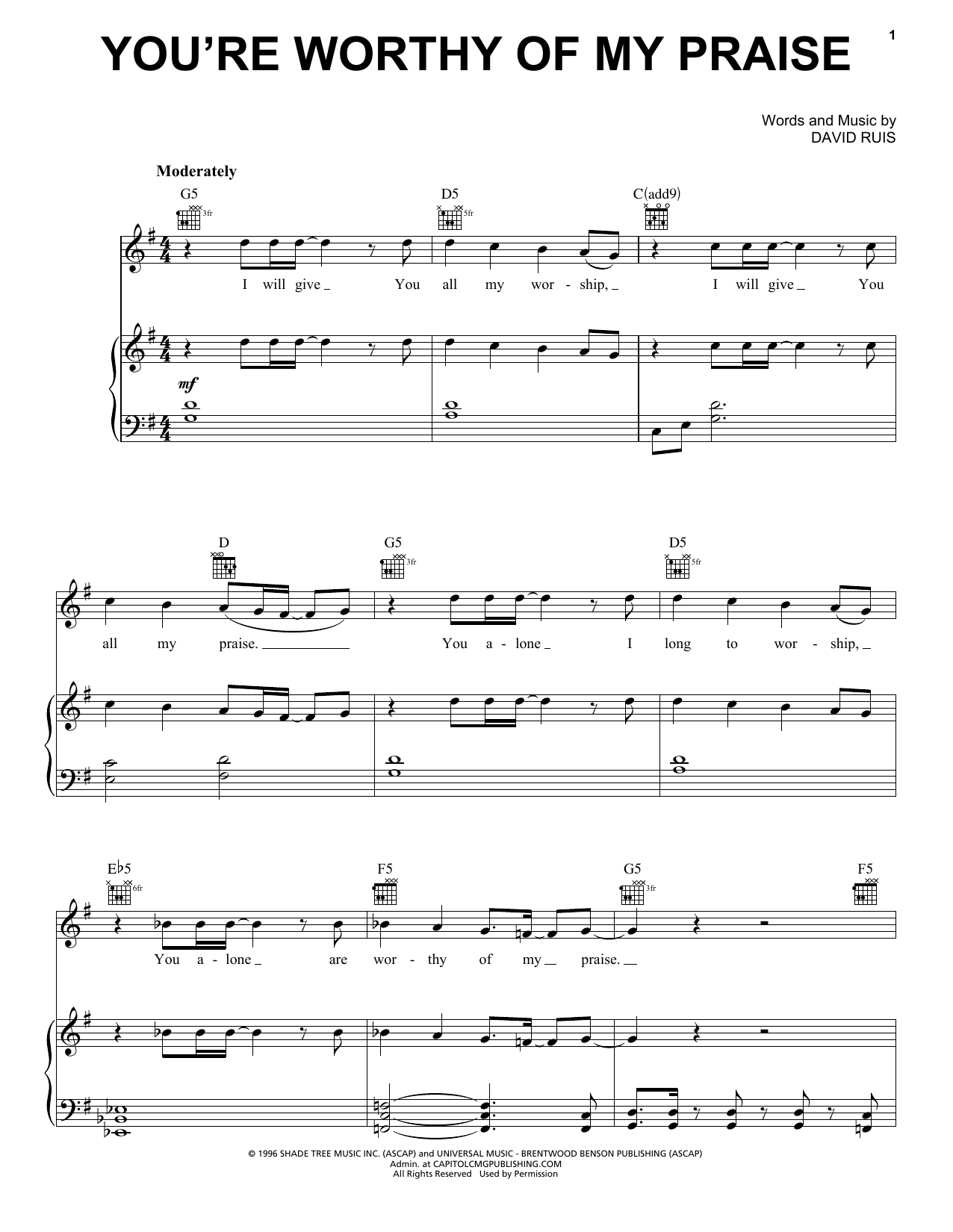 Jeremy Camp You're Worthy Of My Praise Sheet Music Notes & Chords for Piano, Vocal & Guitar (Right-Hand Melody) - Download or Print PDF