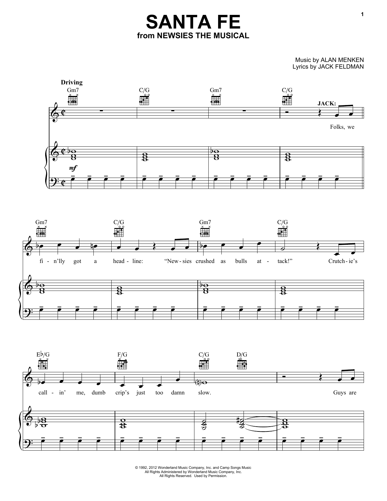 Jeremy Jordan Santa Fe (from Newsies: The Musical) Sheet Music Notes & Chords for Vocal Pro + Piano/Guitar - Download or Print PDF