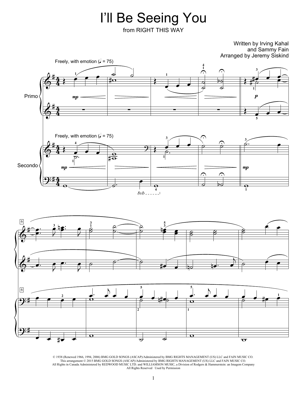 Jeremy Siskind I'll Be Seeing You Sheet Music Notes & Chords for Piano Duet - Download or Print PDF