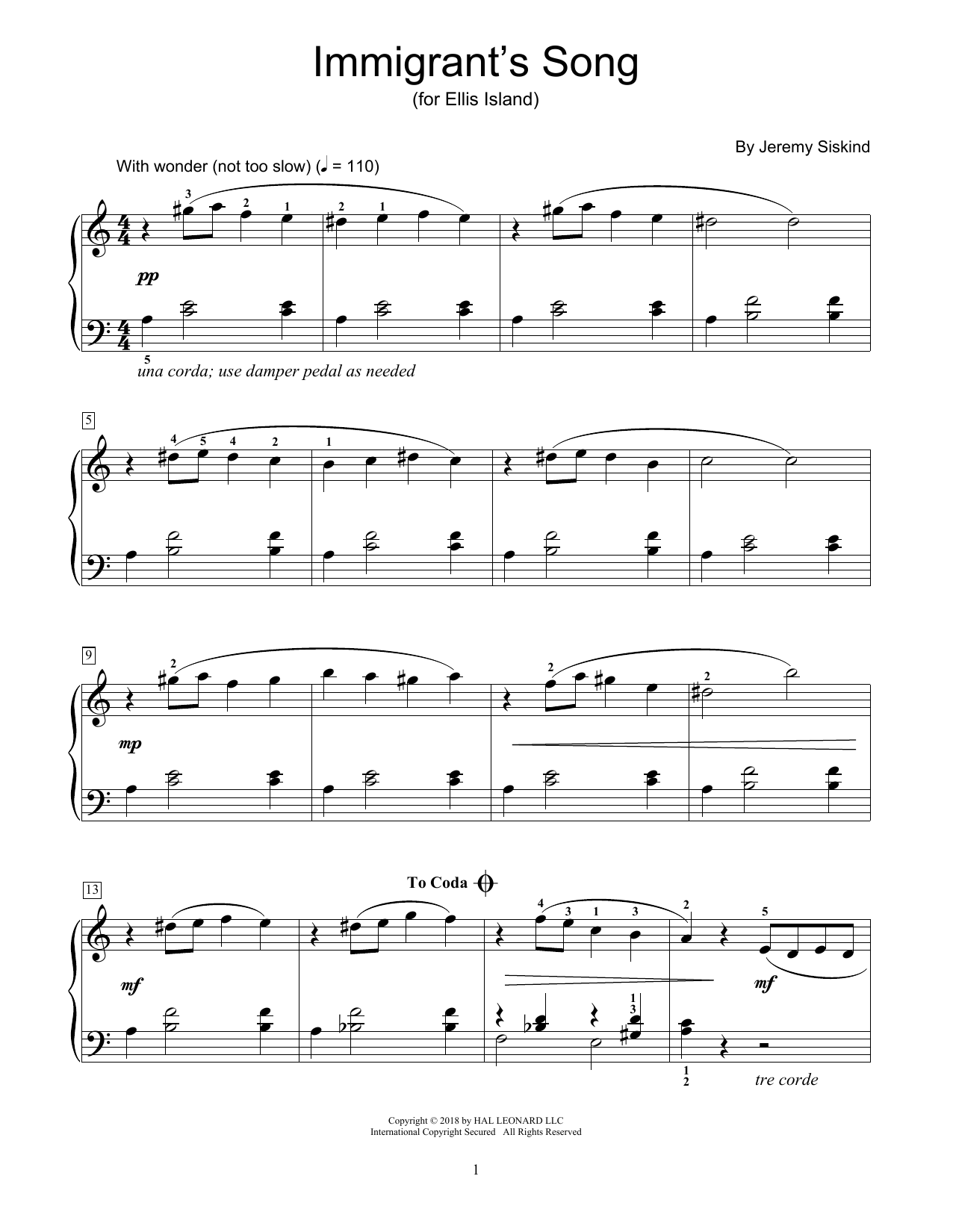 Jeremy Siskind Immigrant's Song Sheet Music Notes & Chords for Educational Piano - Download or Print PDF