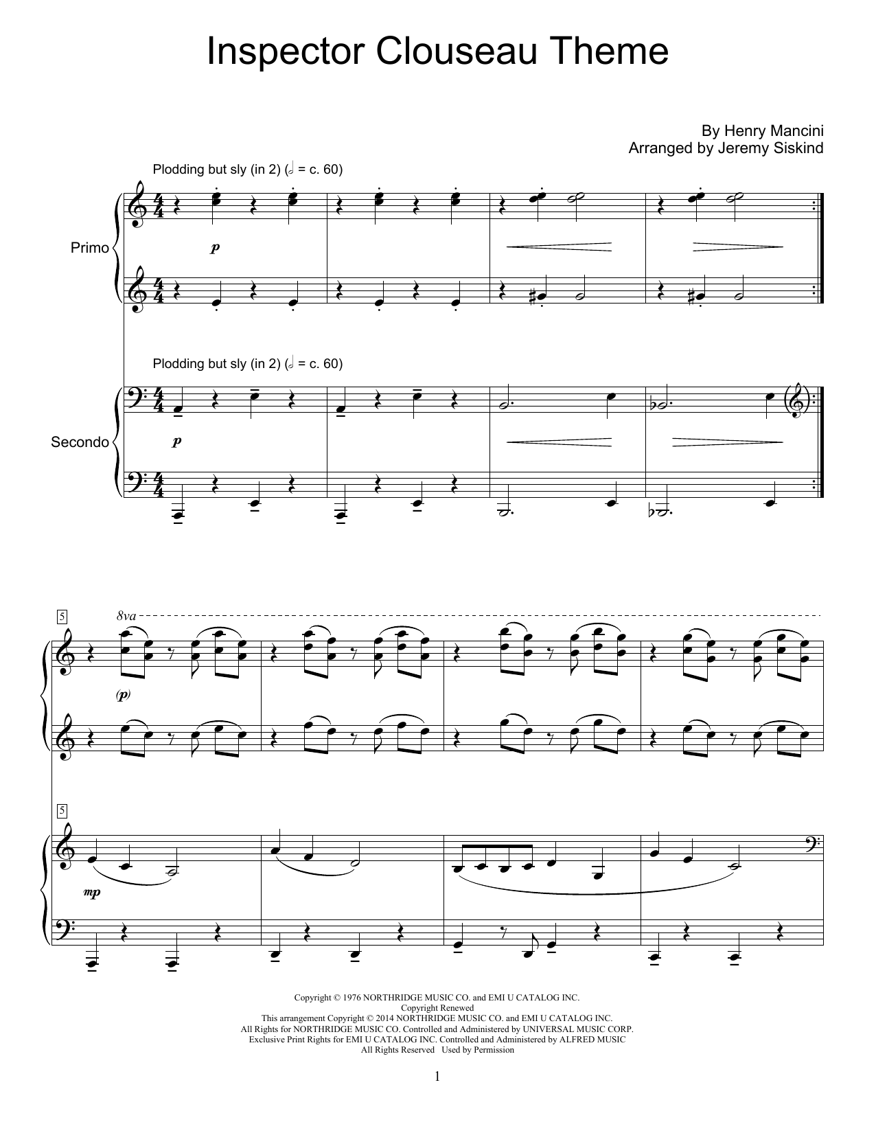Jeremy Siskind Inspector Clouseau Theme Sheet Music Notes & Chords for Piano Duet - Download or Print PDF