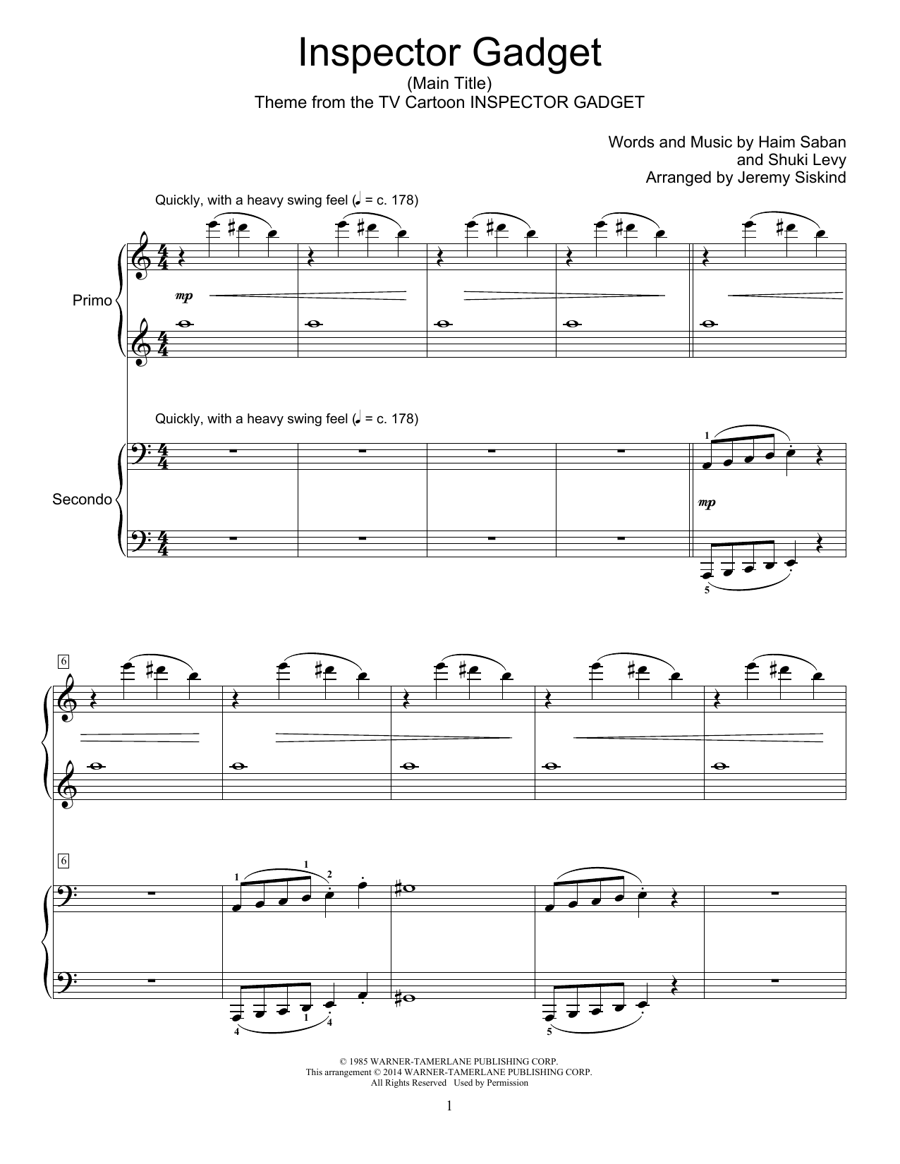 Jeremy Siskind Inspector Gadget (Main Title) Sheet Music Notes & Chords for Piano Duet - Download or Print PDF