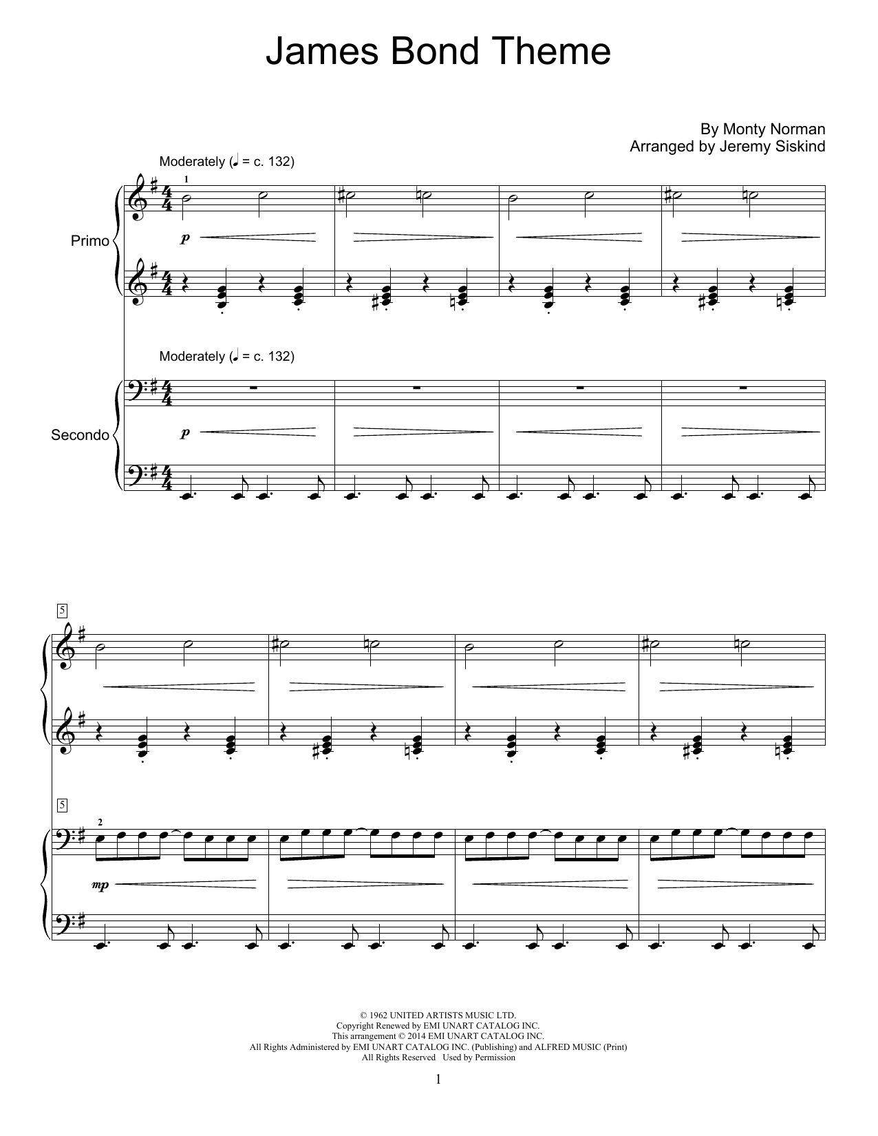 Jeremy Siskind James Bond Theme Sheet Music Notes & Chords for Piano Duet - Download or Print PDF
