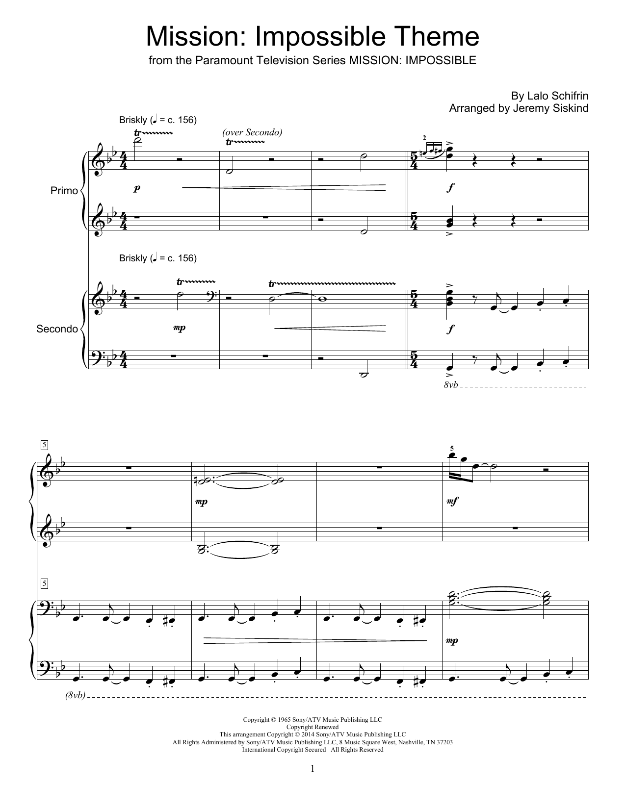 Jeremy Siskind Mission: Impossible Theme Sheet Music Notes & Chords for Piano Duet - Download or Print PDF