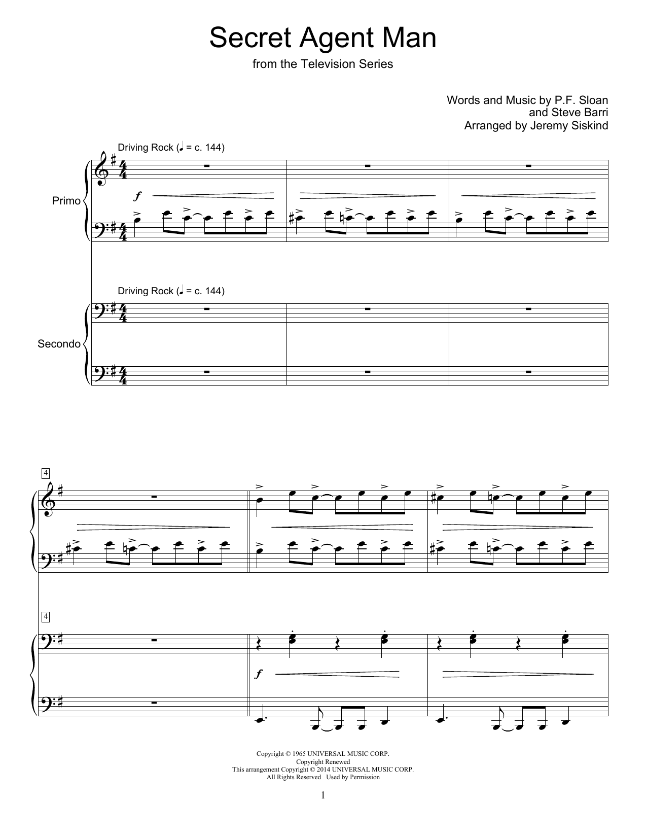 Jeremy Siskind Secret Agent Man Sheet Music Notes & Chords for Piano Duet - Download or Print PDF