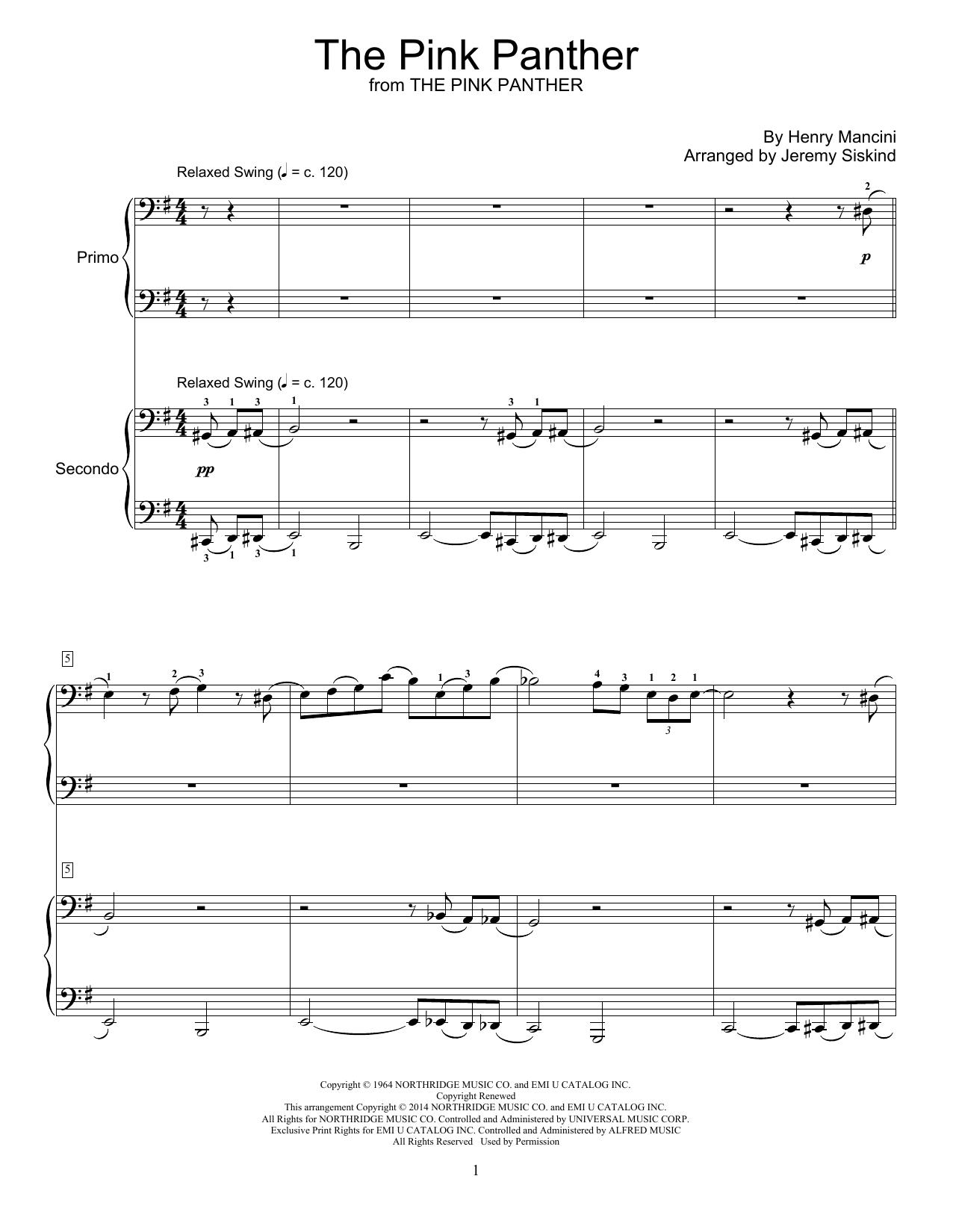 Jeremy Siskind The Pink Panther Sheet Music Notes & Chords for Piano Duet - Download or Print PDF