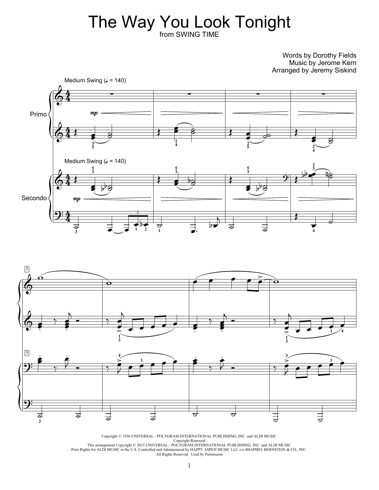 Jeremy Siskind The Way You Look Tonight Sheet Music Notes & Chords for Piano Duet - Download or Print PDF