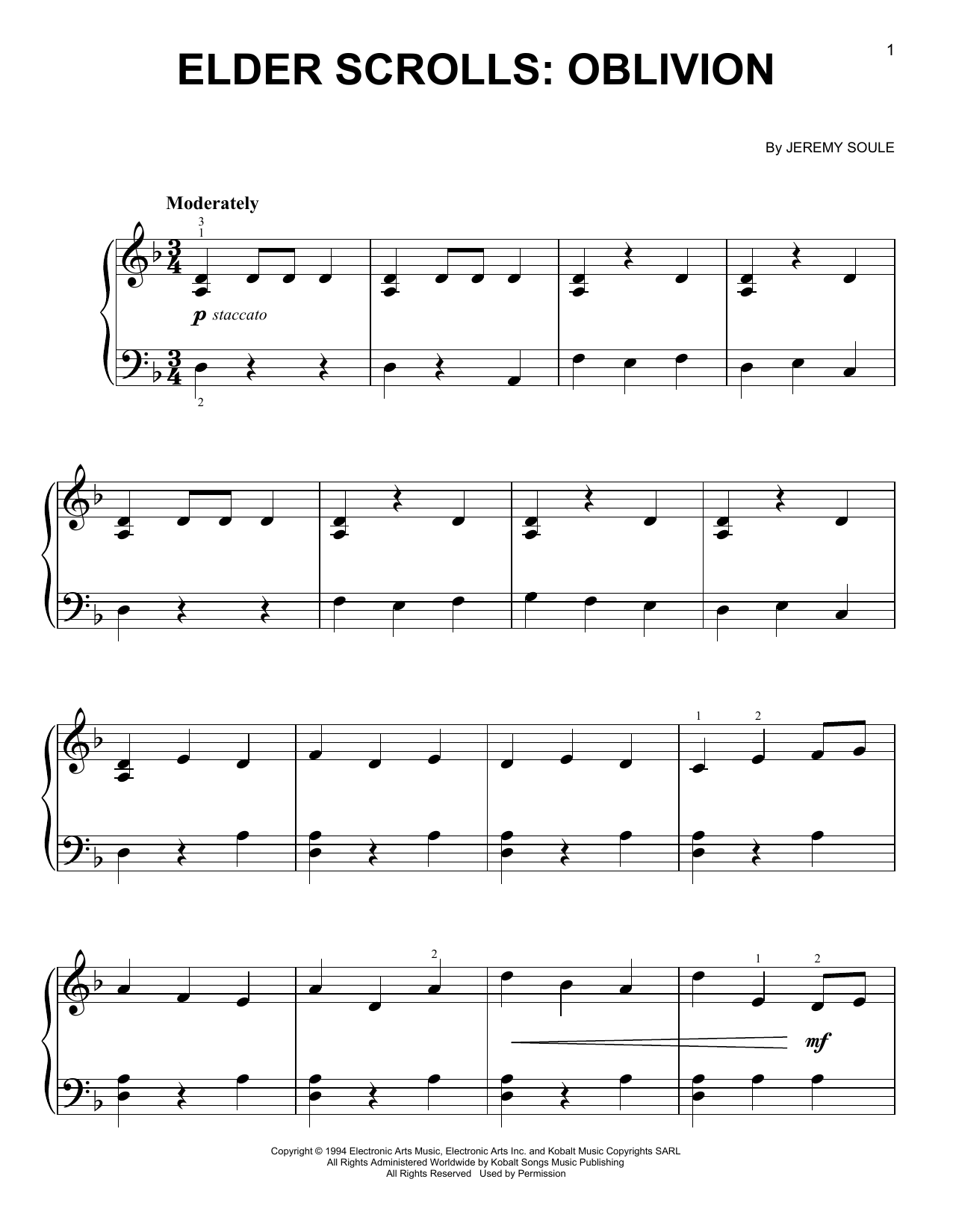 Jeremy Soule Elder Scrolls: Oblivion Sheet Music Notes & Chords for Easy Piano - Download or Print PDF