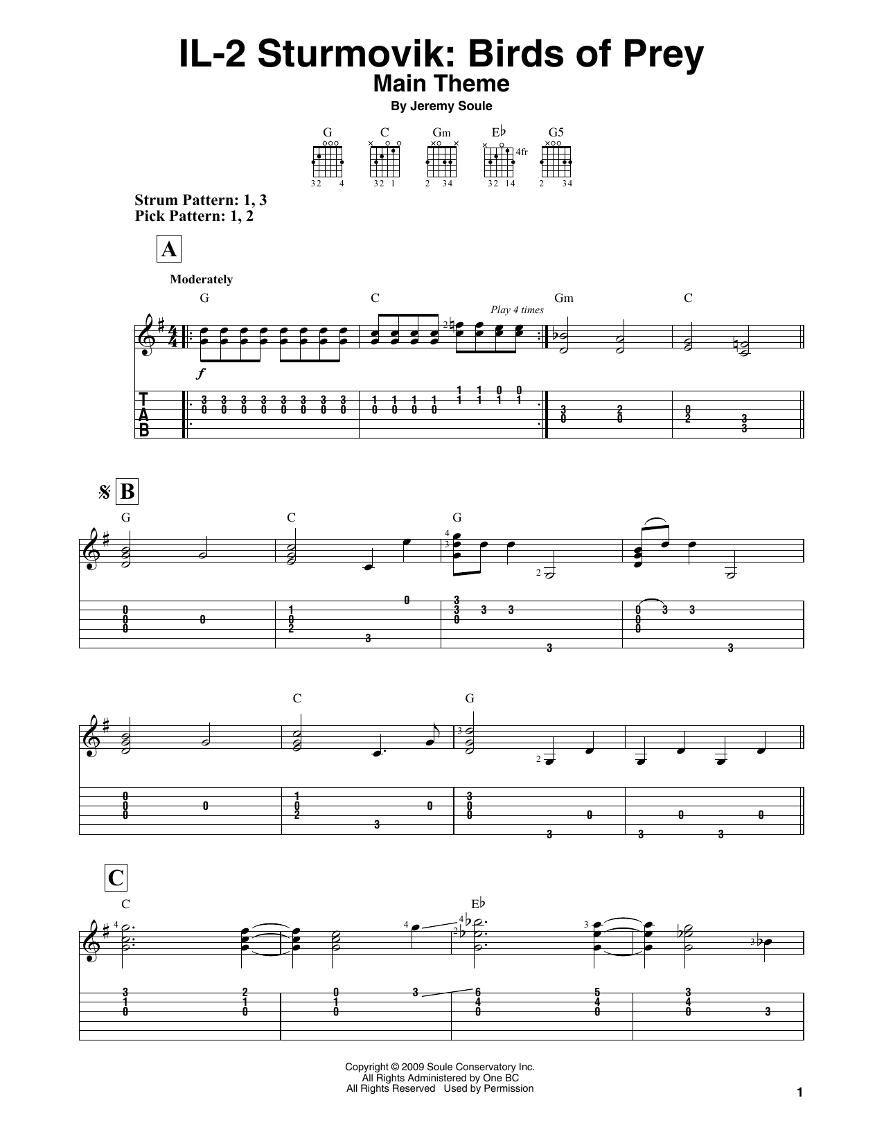 Jeremy Soule IL-2 Sturmovik: Birds of Prey - Main Theme Sheet Music Notes & Chords for Easy Guitar Tab - Download or Print PDF