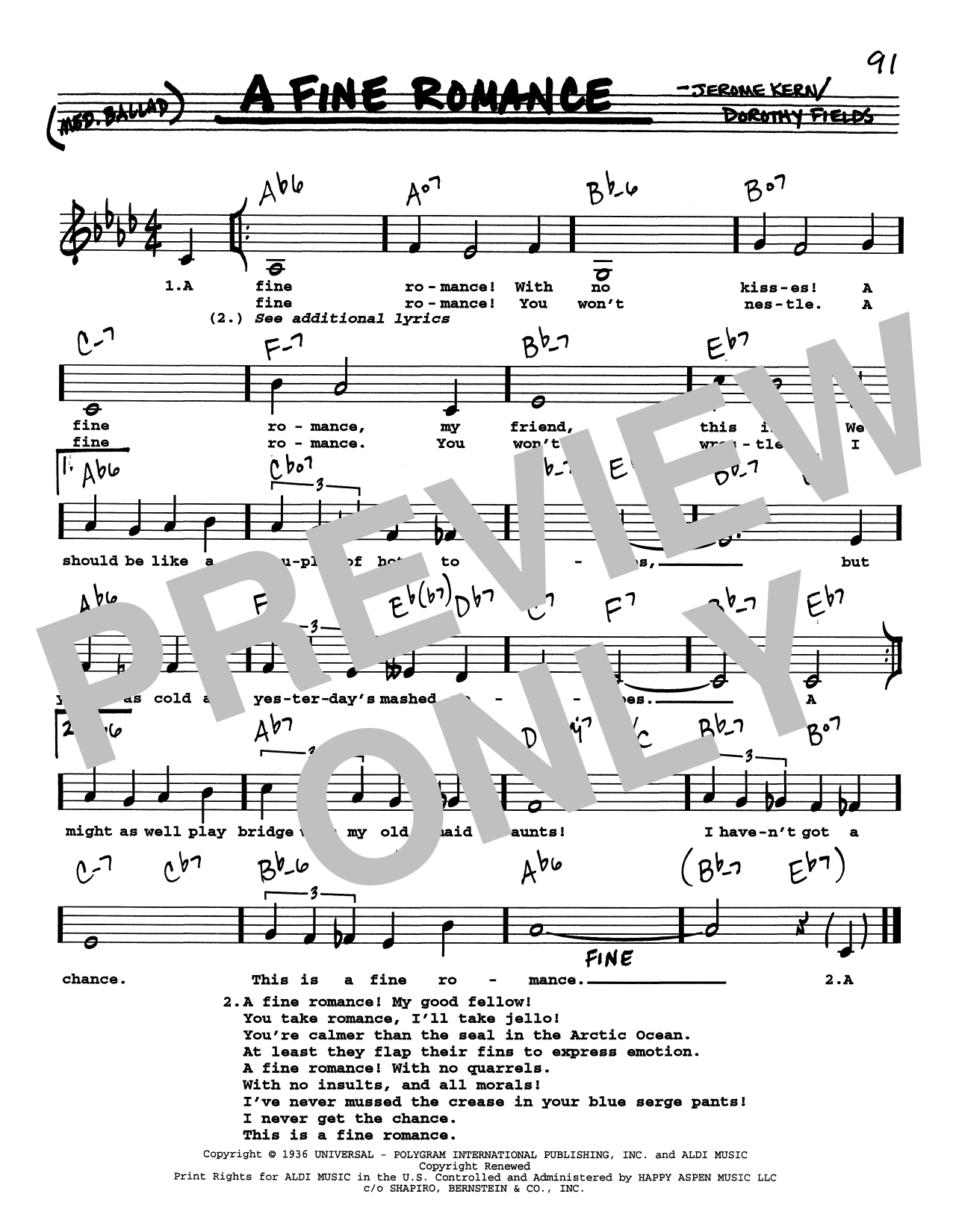 Jerome Kern A Fine Romance (Low Voice) Sheet Music Notes & Chords for Real Book – Melody, Lyrics & Chords - Download or Print PDF