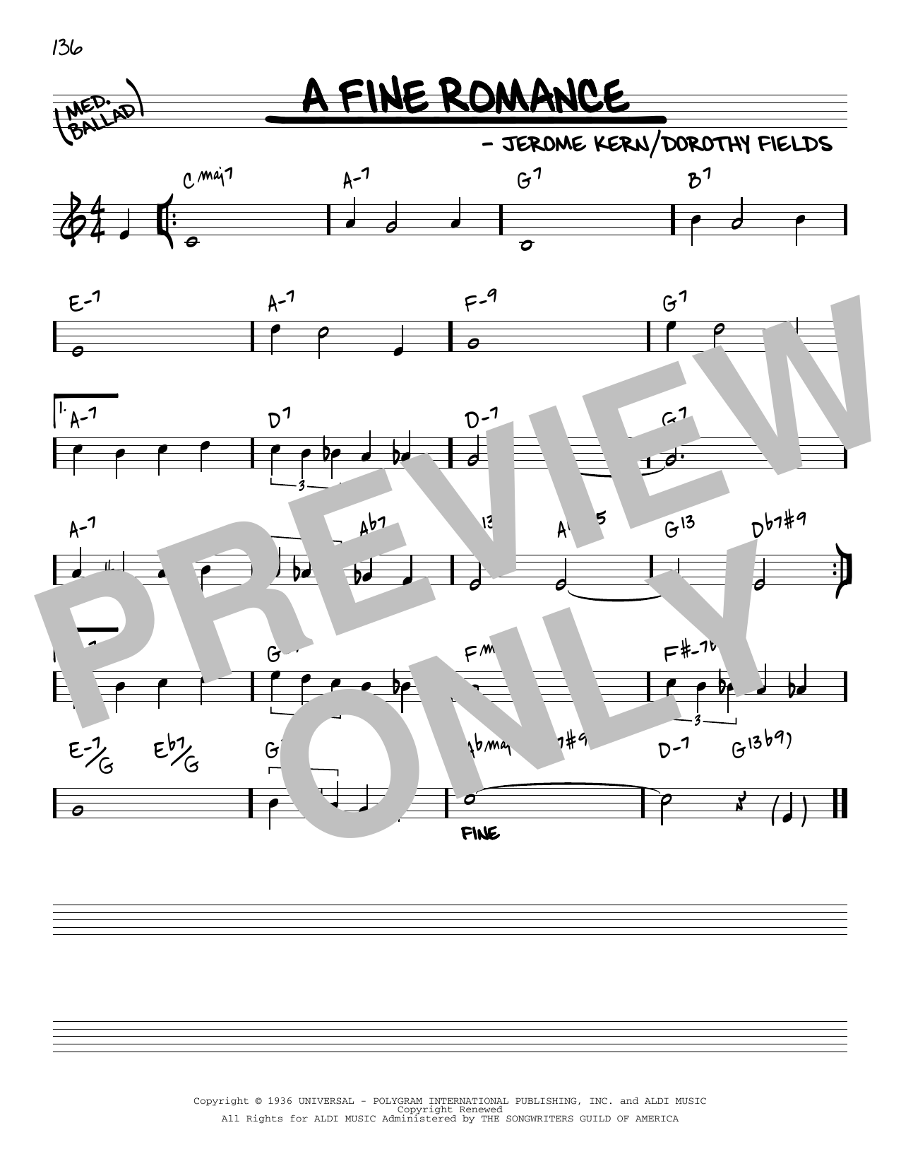 Jerome Kern A Fine Romance [Reharmonized version] (arr. Jack Grassel) Sheet Music Notes & Chords for Real Book – Melody & Chords - Download or Print PDF