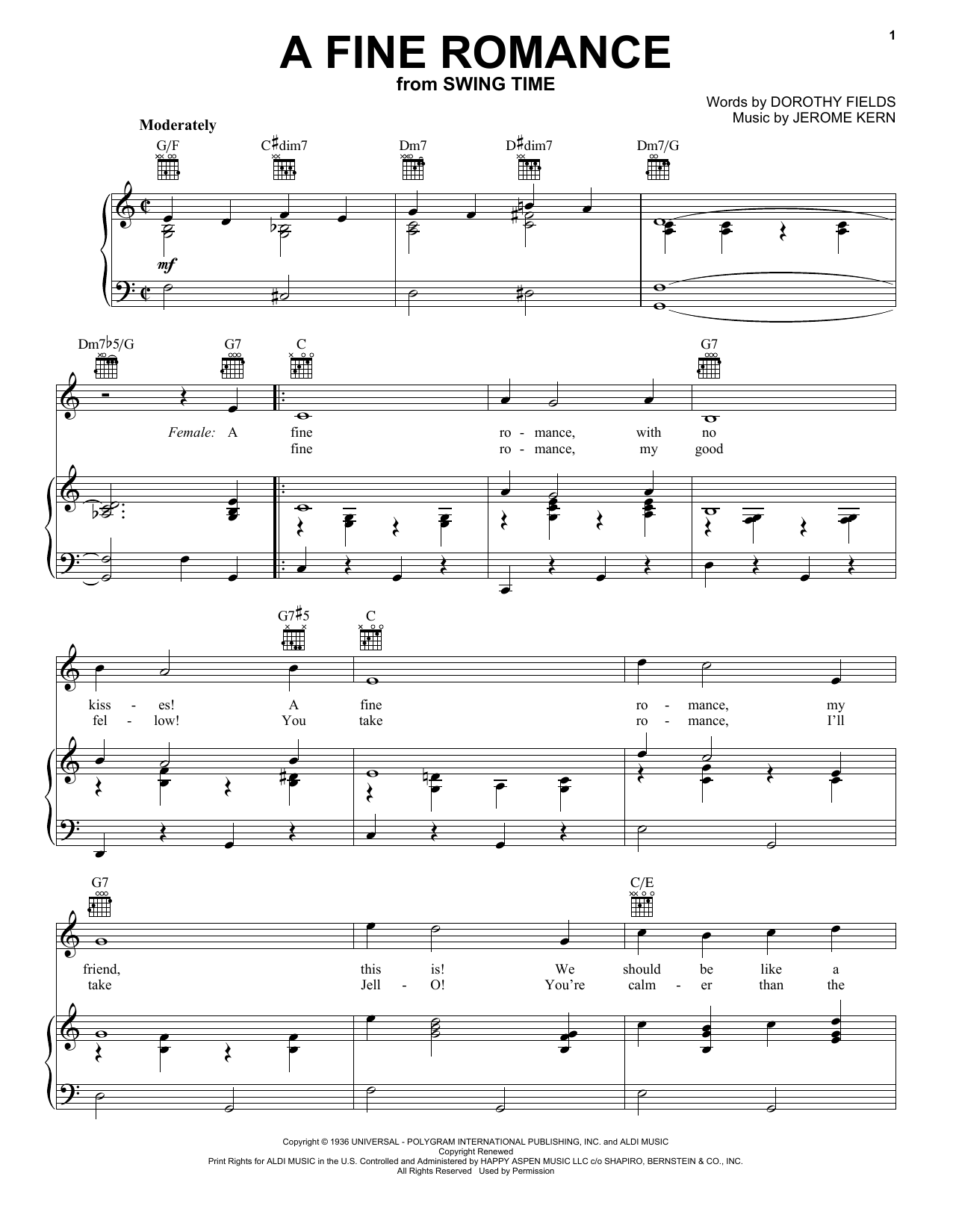 Jerome Kern A Fine Romance Sheet Music Notes & Chords for Melody Line, Lyrics & Chords - Download or Print PDF
