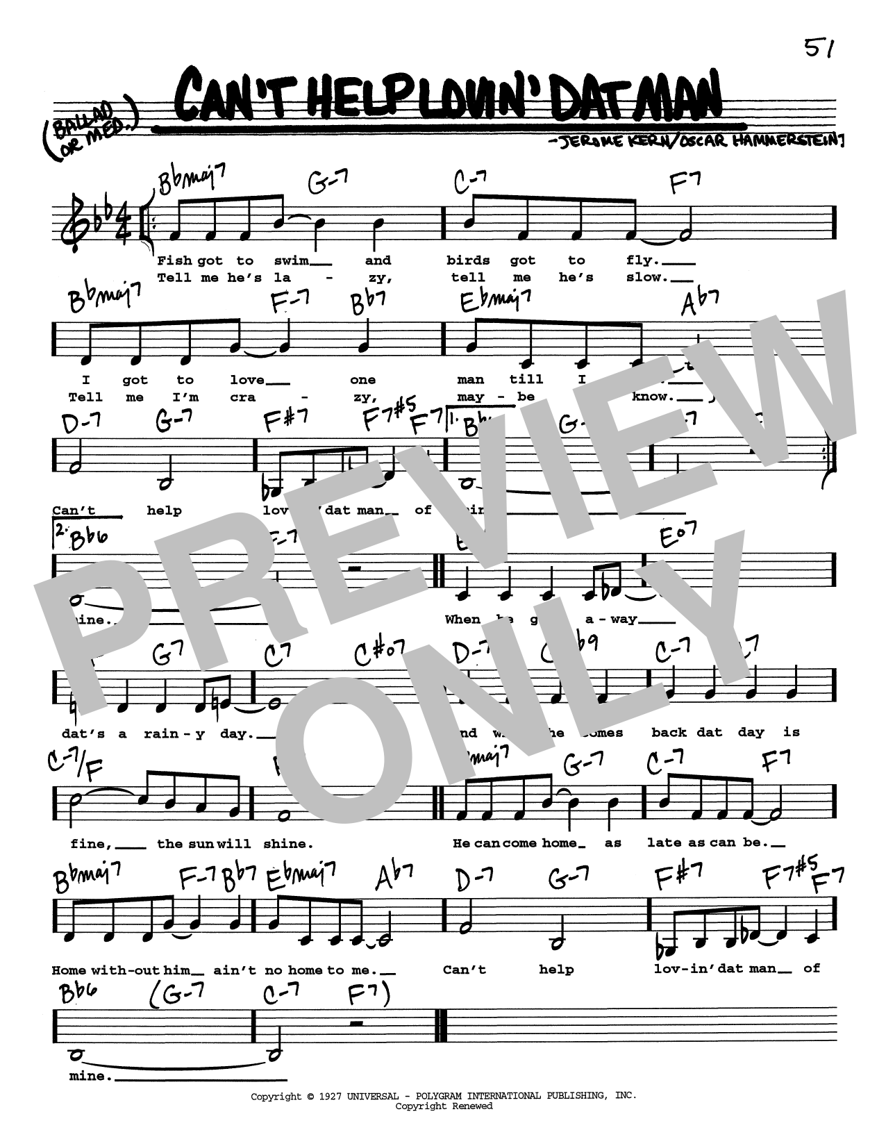 Jerome Kern Can't Help Lovin' Dat Man (Low Voice) Sheet Music Notes & Chords for Real Book – Melody, Lyrics & Chords - Download or Print PDF