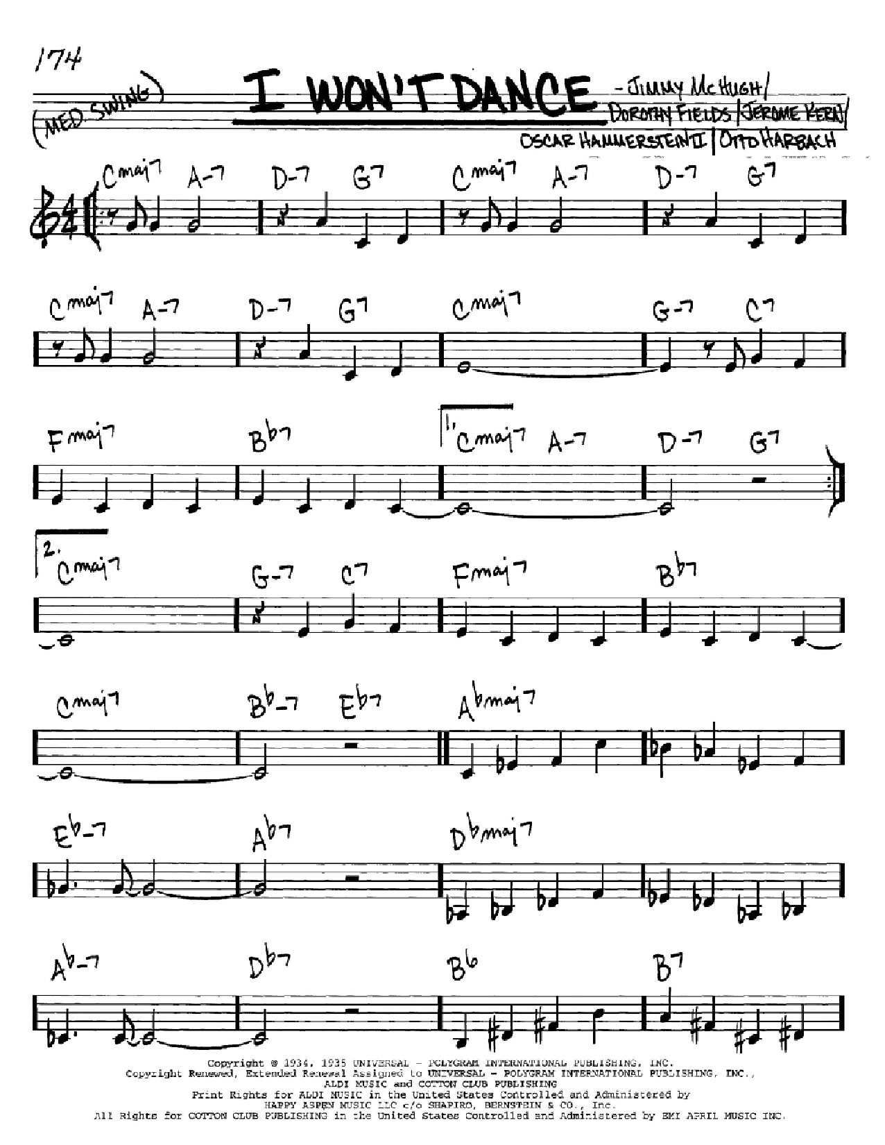 Jerome Kern I Won't Dance Sheet Music Notes & Chords for Real Book - Melody, Lyrics & Chords - C Instruments - Download or Print PDF