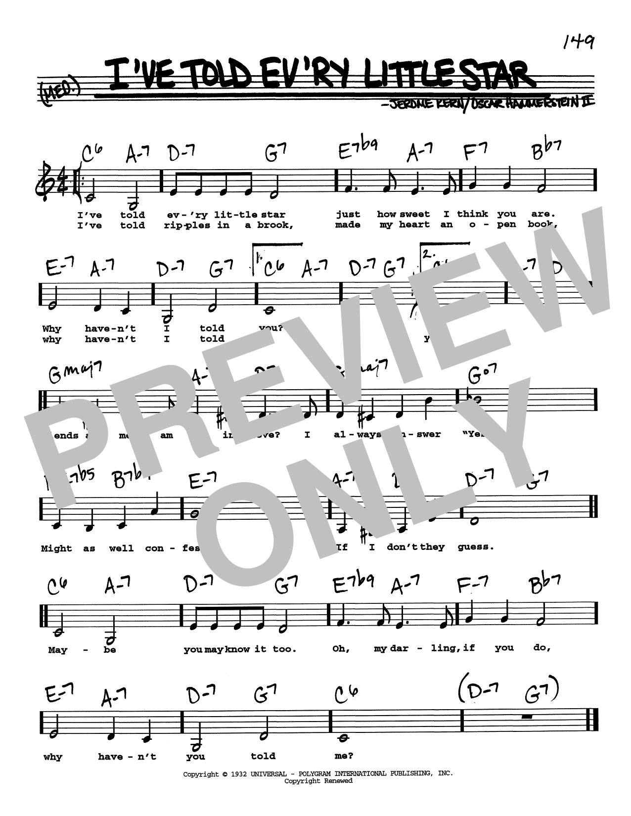 Jerome Kern I've Told Ev'ry Little Star (Low Voice) Sheet Music Notes & Chords for Real Book – Melody, Lyrics & Chords - Download or Print PDF