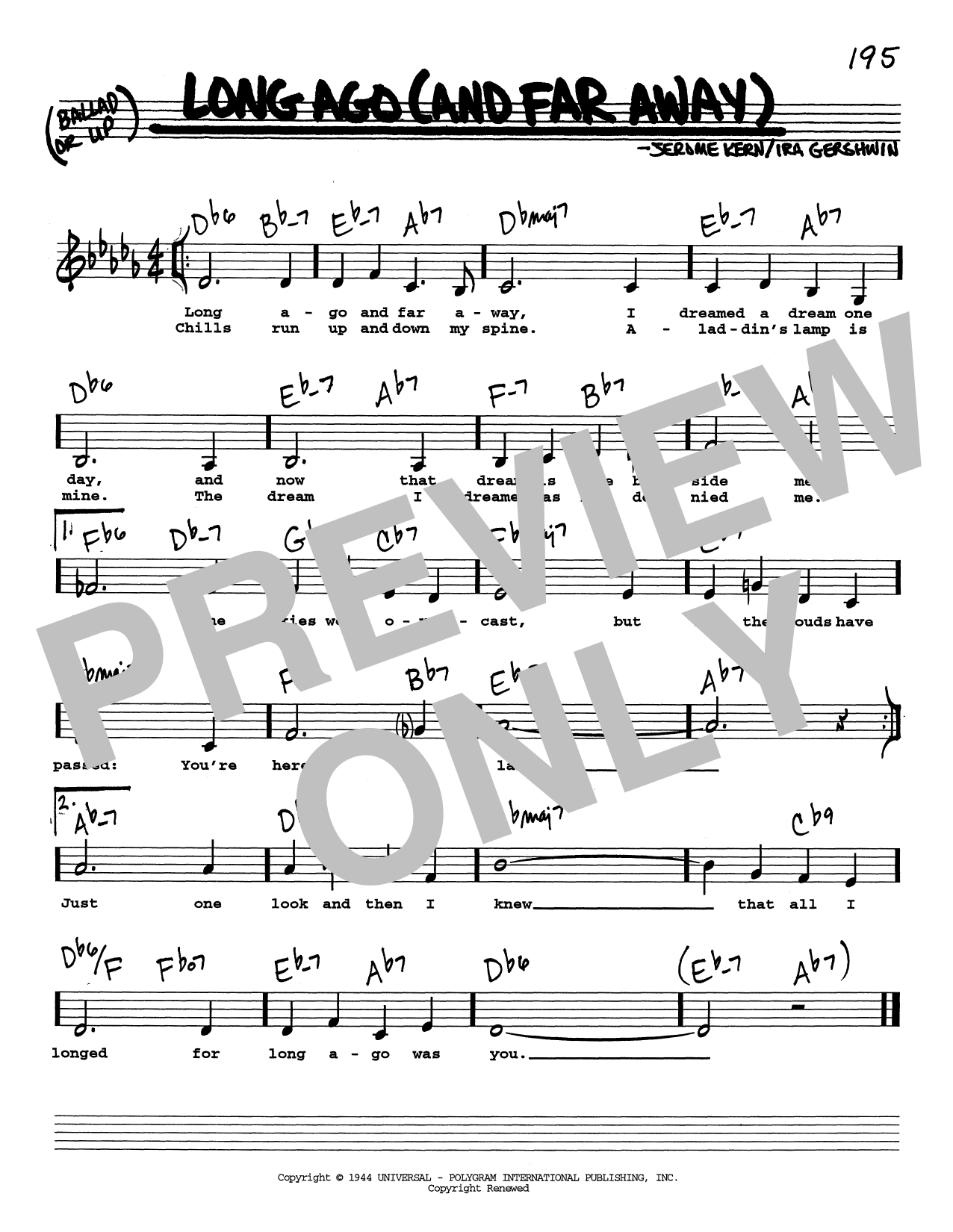 Jerome Kern Long Ago (And Far Away) (Low Voice) Sheet Music Notes & Chords for Real Book – Melody, Lyrics & Chords - Download or Print PDF