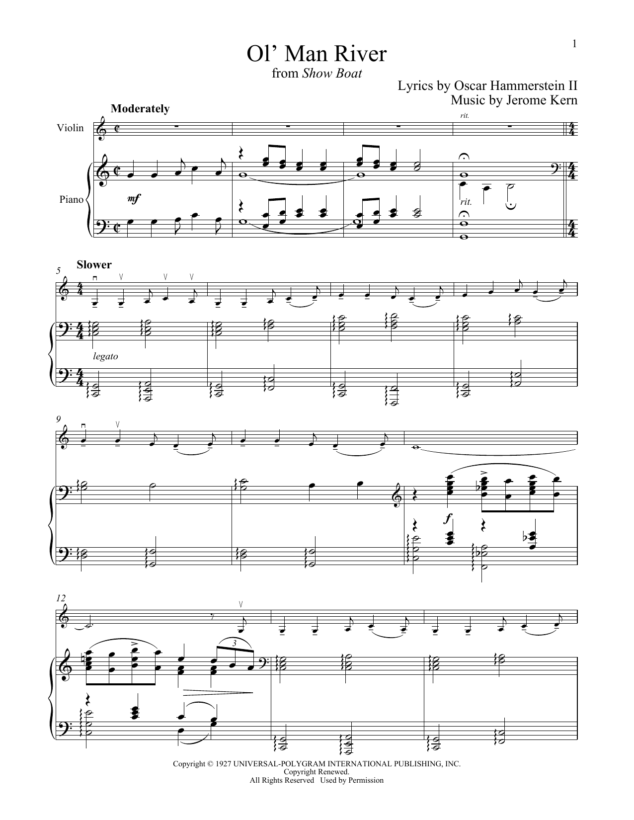 Jerome Kern Ol' Man River (from Show Boat) Sheet Music Notes & Chords for Violin and Piano - Download or Print PDF