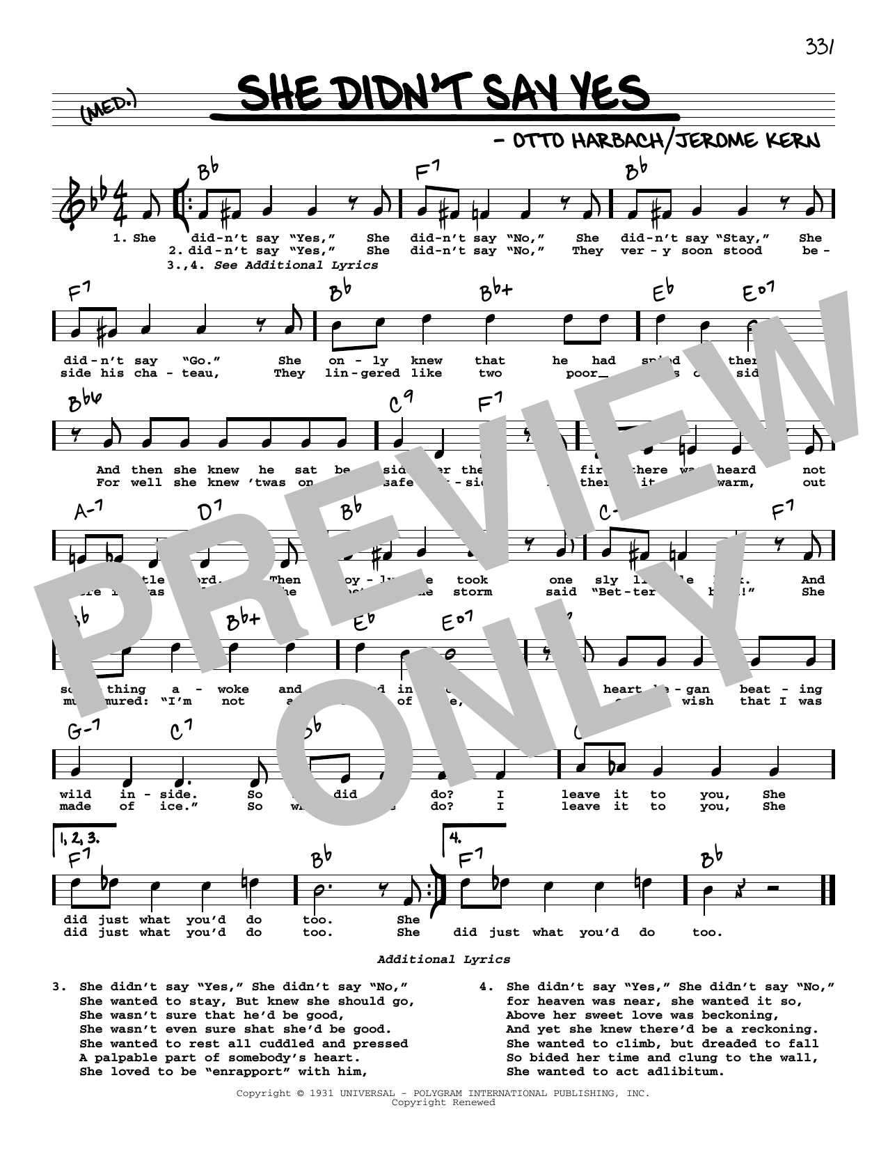 Jerome Kern She Didn't Say Yes (High Voice) Sheet Music Notes & Chords for Real Book – Melody, Lyrics & Chords - Download or Print PDF