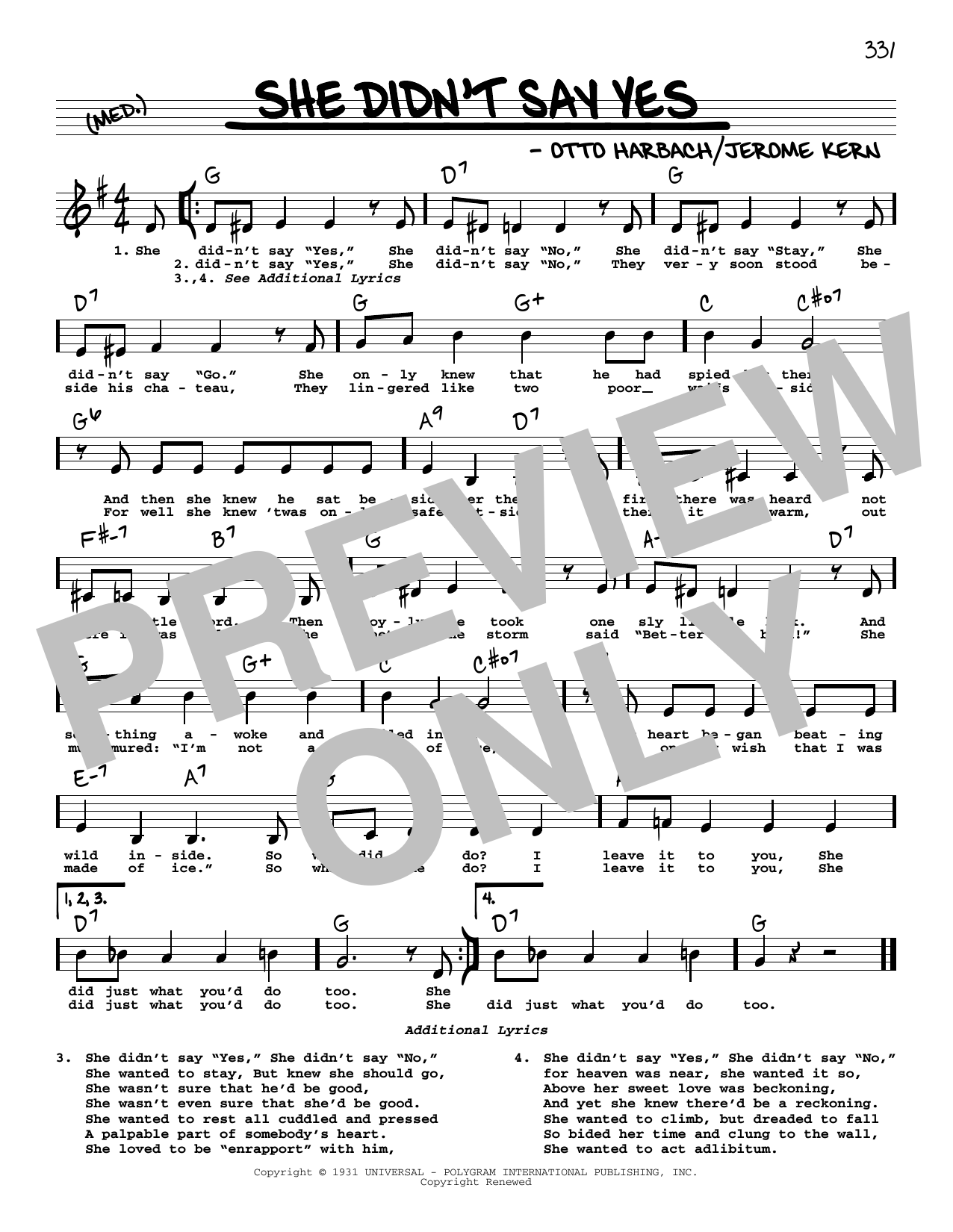 Jerome Kern She Didn't Say Yes (Low Voice) Sheet Music Notes & Chords for Real Book – Melody, Lyrics & Chords - Download or Print PDF