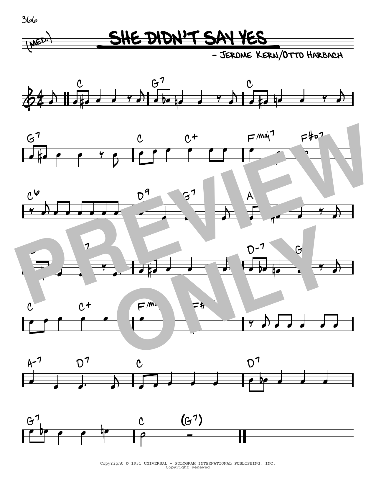 Jerome Kern She Didn't Say Yes Sheet Music Notes & Chords for Real Book – Melody & Chords - Download or Print PDF