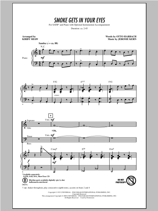 Jerome Kern Smoke Gets In Your Eyes (arr. Kirby Shaw) Sheet Music Notes & Chords for SSA - Download or Print PDF