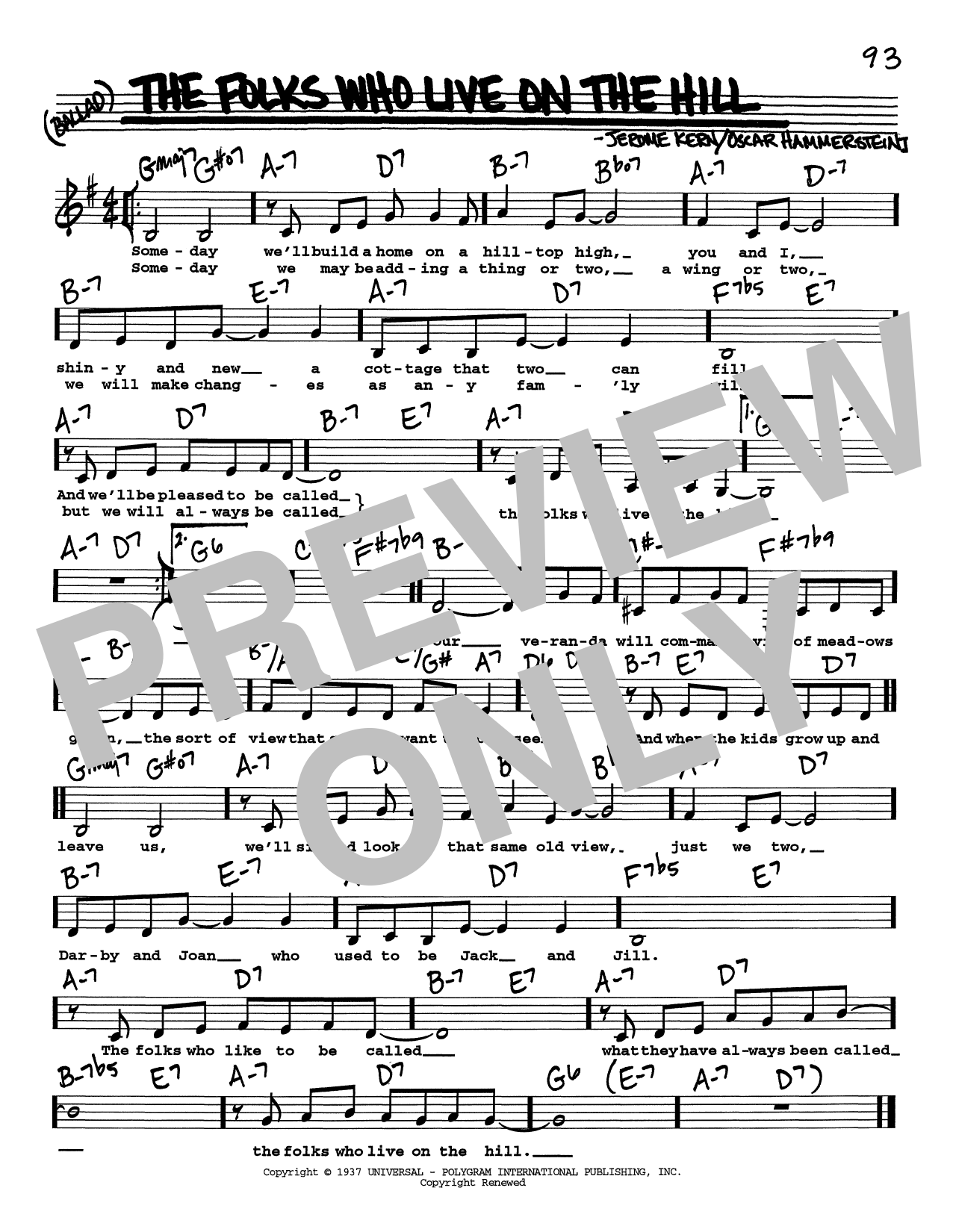 Jerome Kern The Folks Who Live On The Hill (Low Voice) Sheet Music Notes & Chords for Real Book – Melody, Lyrics & Chords - Download or Print PDF