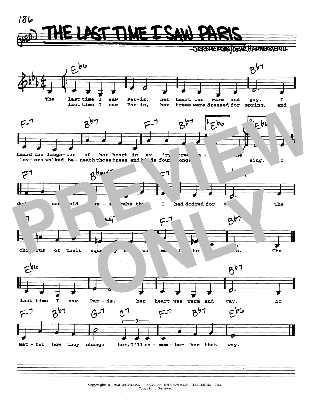 Jerome Kern The Last Time I Saw Paris (Low Voice) Sheet Music Notes & Chords for Real Book – Melody, Lyrics & Chords - Download or Print PDF