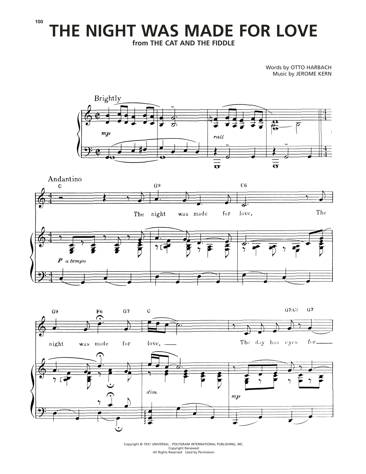 Jerome Kern The Night Was Made For Love (from The Cat And The Fiddle) Sheet Music Notes & Chords for Piano, Vocal & Guitar Chords (Right-Hand Melody) - Download or Print PDF