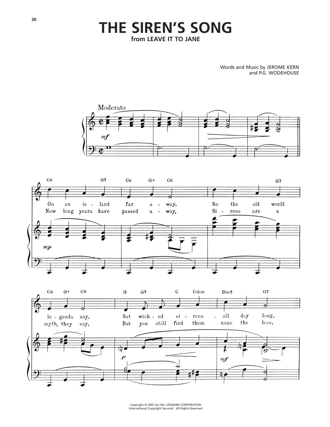 Jerome Kern The Siren's Song Sheet Music Notes & Chords for Piano, Vocal & Guitar Chords (Right-Hand Melody) - Download or Print PDF