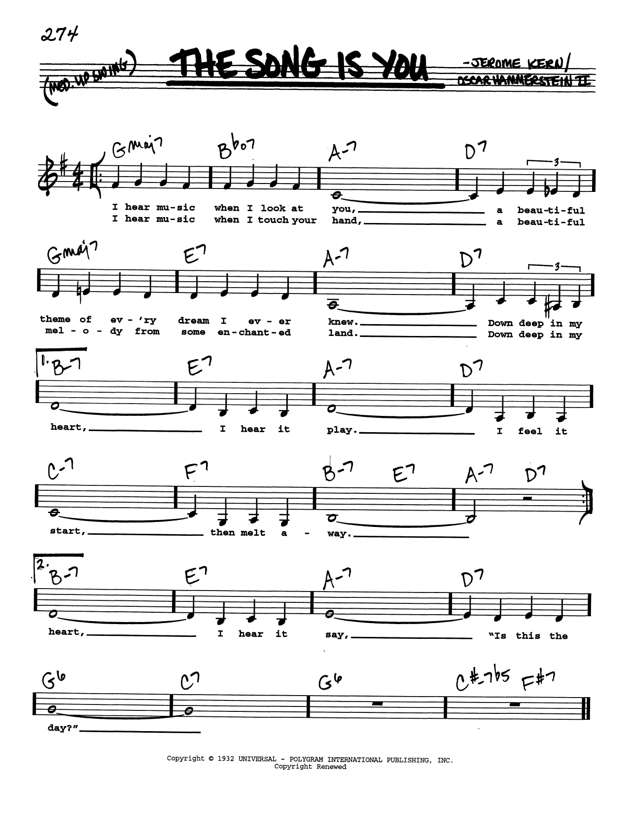 Jerome Kern The Song Is You (Low Voice) Sheet Music Notes & Chords for Real Book – Melody, Lyrics & Chords - Download or Print PDF