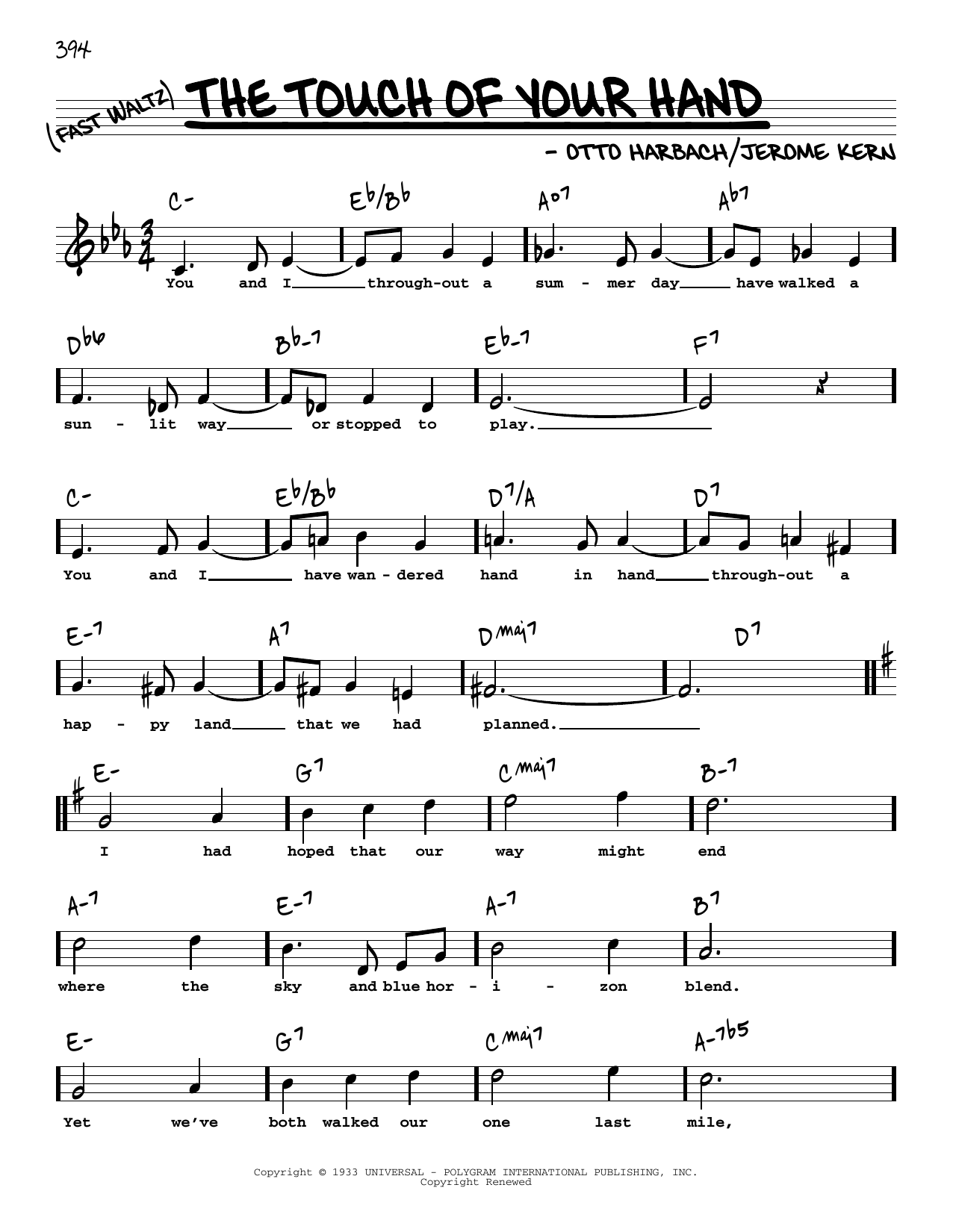 Jerome Kern The Touch Of Your Hand (High Voice) Sheet Music Notes & Chords for Real Book – Melody, Lyrics & Chords - Download or Print PDF