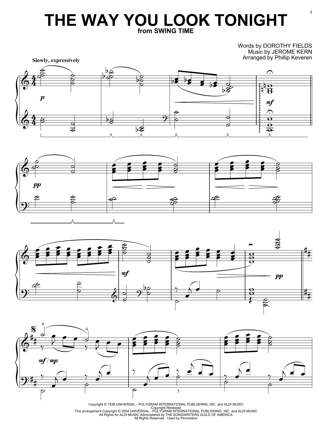 Jerome Kern The Way You Look Tonight Sheet Music Notes & Chords for Piano - Download or Print PDF
