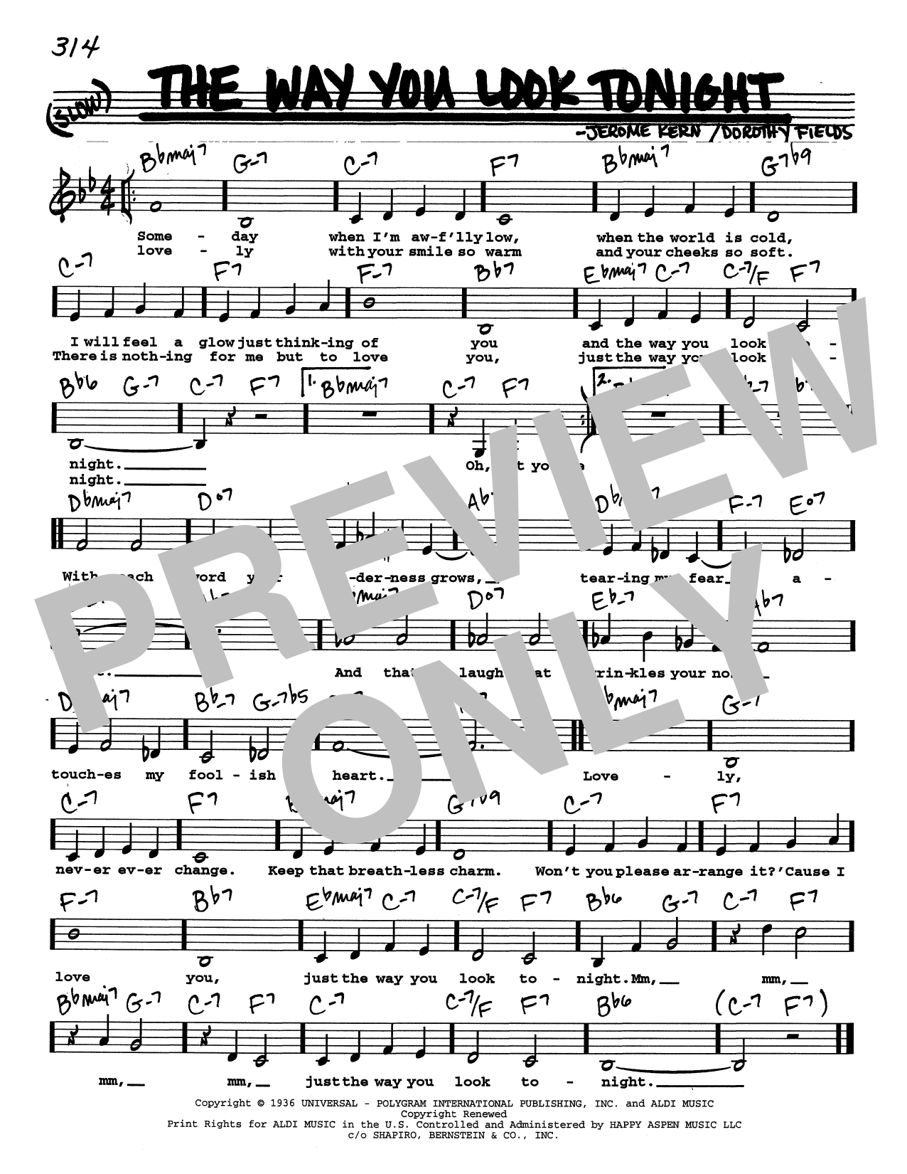 Jerome Kern The Way You Look Tonight (Low Voice) Sheet Music Notes & Chords for Real Book – Melody, Lyrics & Chords - Download or Print PDF