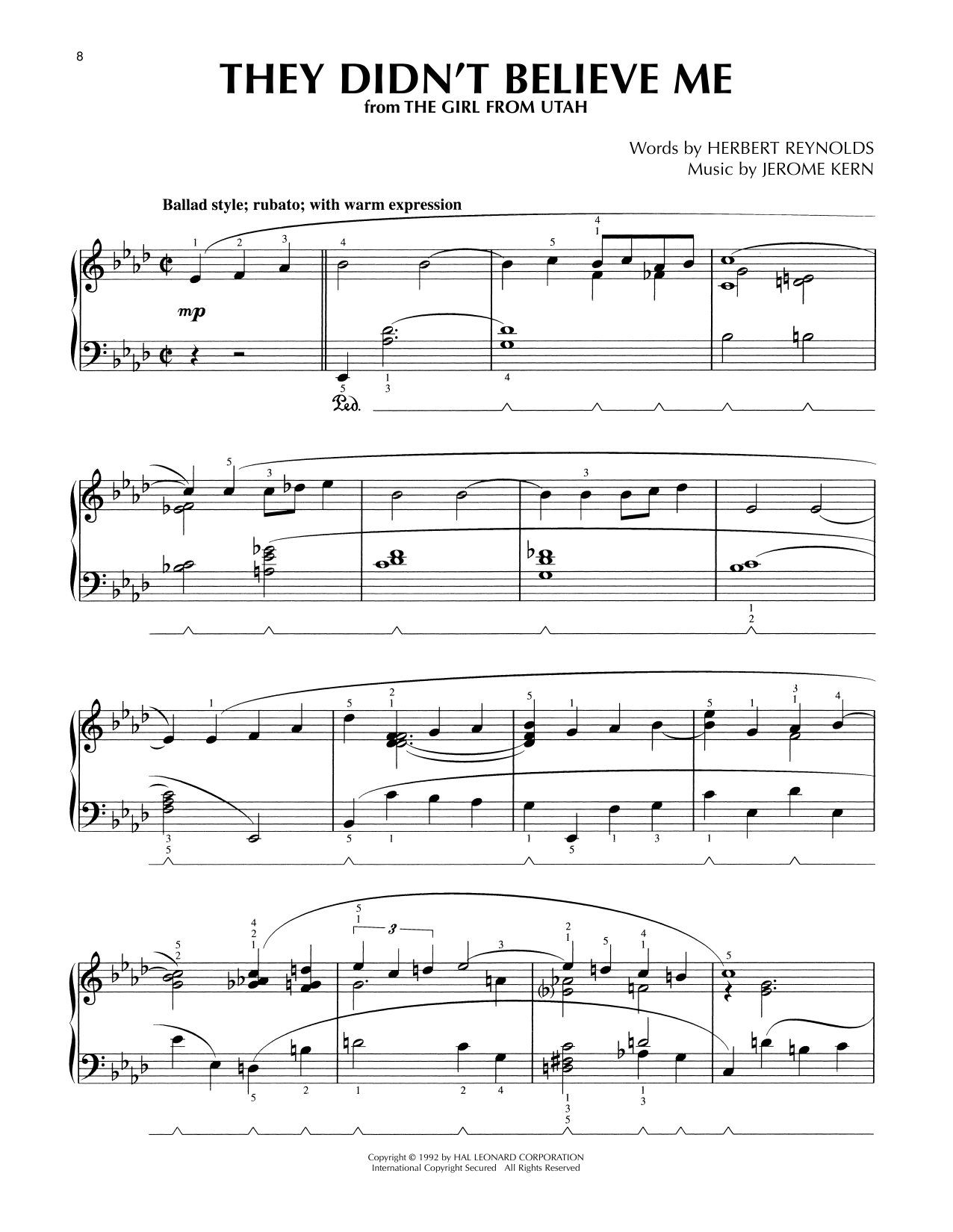 Jerome Kern They Didn't Believe Me (from The Girl From Utah) (arr. Lee Evans) Sheet Music Notes & Chords for Piano Solo - Download or Print PDF