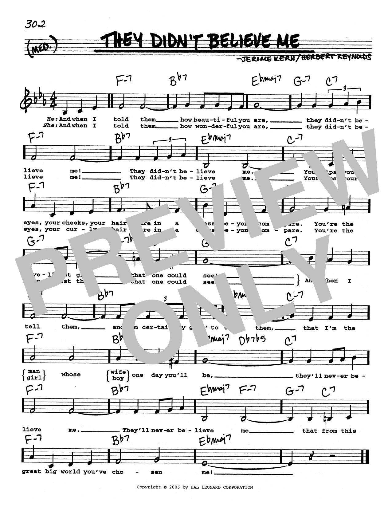 Jerome Kern They Didn't Believe Me (Low Voice) Sheet Music Notes & Chords for Real Book – Melody, Lyrics & Chords - Download or Print PDF