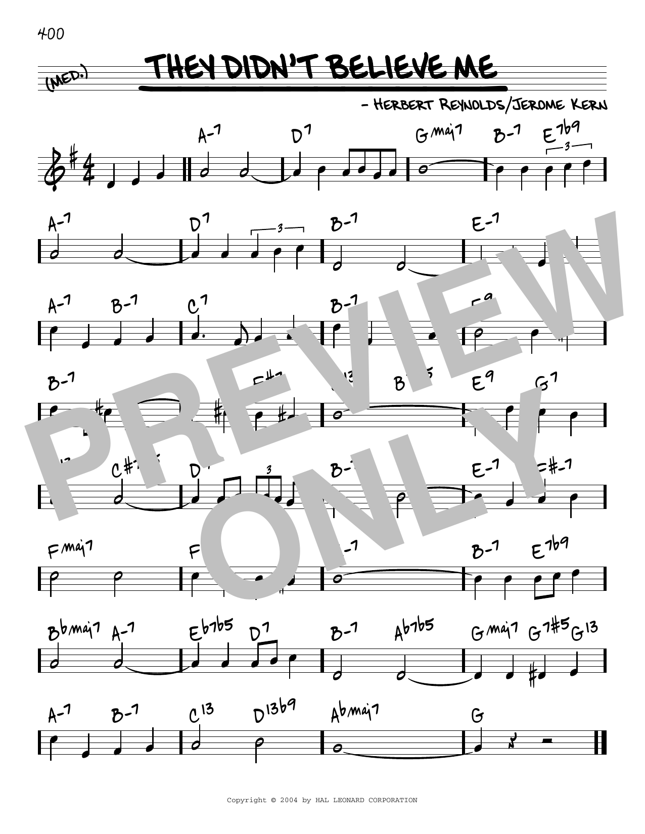 Jerome Kern They Didn't Believe Me [Reharmonized version] (arr. Jack Grassel) Sheet Music Notes & Chords for Real Book – Melody & Chords - Download or Print PDF