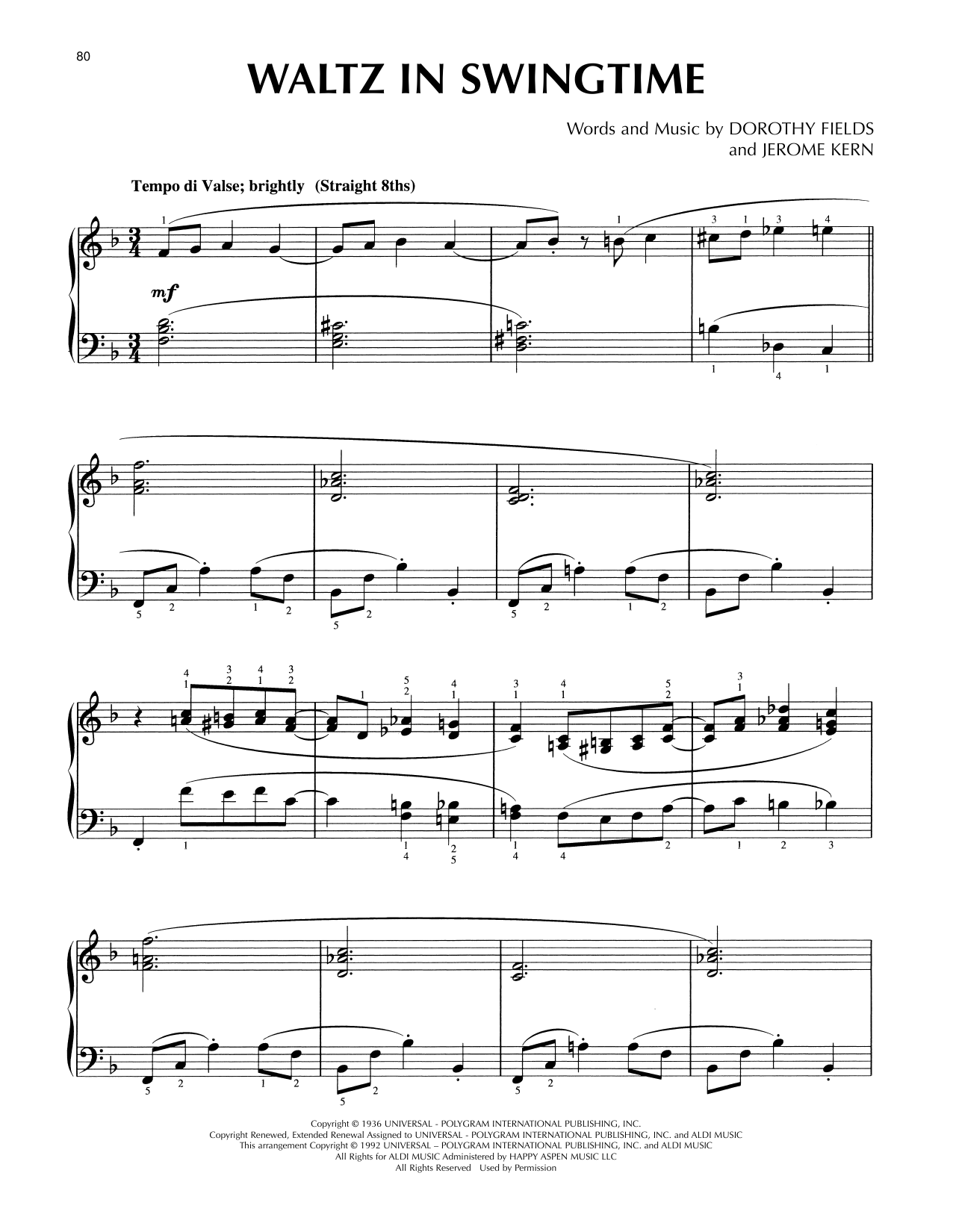 Jerome Kern Waltz In Swingtime (arr. Lee Evans) Sheet Music Notes & Chords for Piano Solo - Download or Print PDF