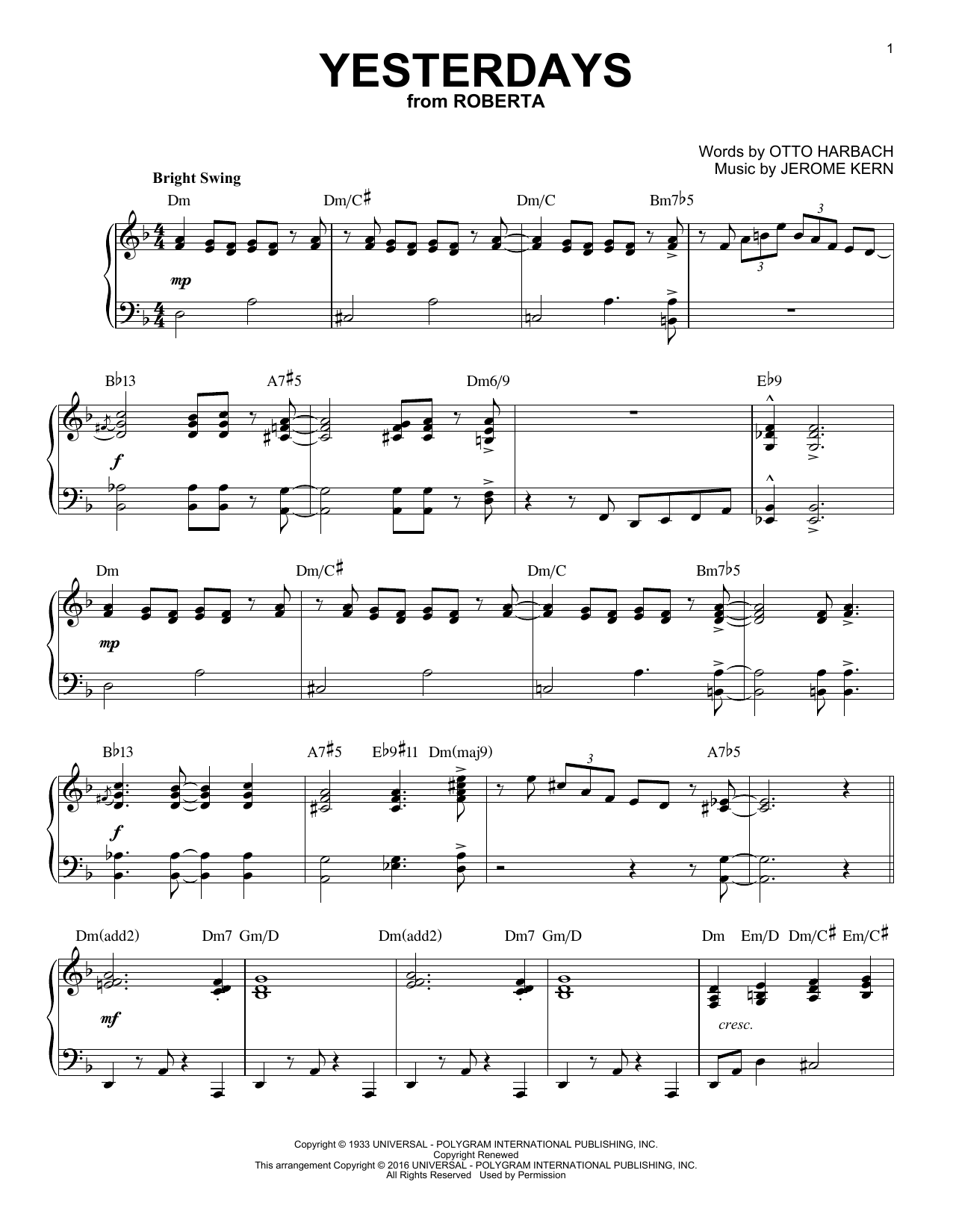 Jerome Kern Yesterdays (arr. Brent Edstrom) Sheet Music Notes & Chords for Piano - Download or Print PDF