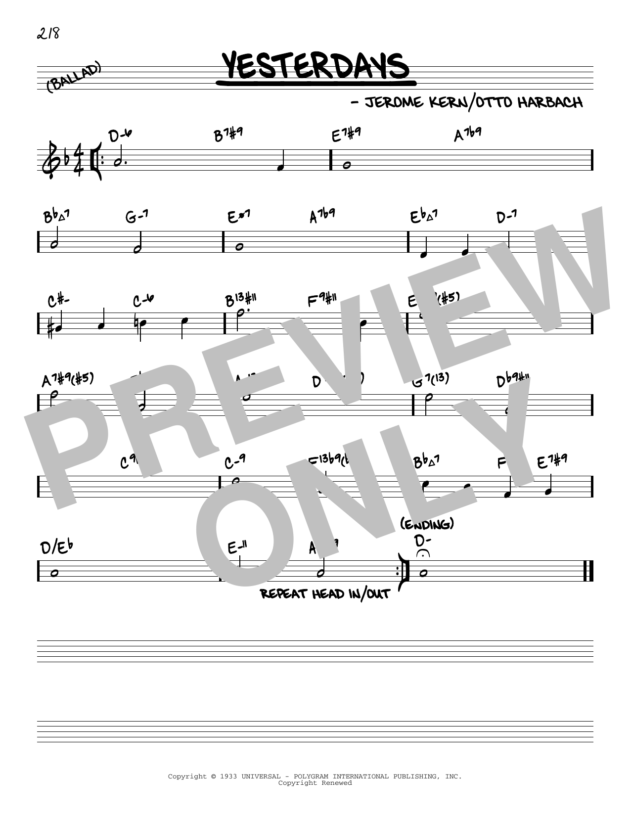 Jerome Kern Yesterdays (arr. David Hazeltine) Sheet Music Notes & Chords for Real Book – Enhanced Chords - Download or Print PDF