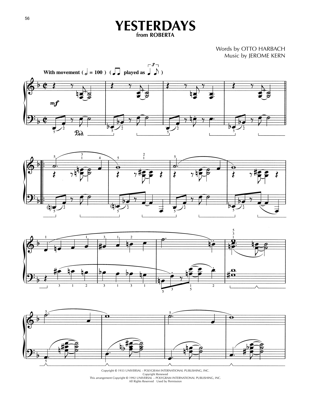 Jerome Kern Yesterdays (from Roberta) (arr. Lee Evans) Sheet Music Notes & Chords for Piano Solo - Download or Print PDF Jerome Kern Yesterdays (from Roberta) (arr. Lee Evans) Sheet Music Notes & Chords for Piano Solo - Download or Print PDF