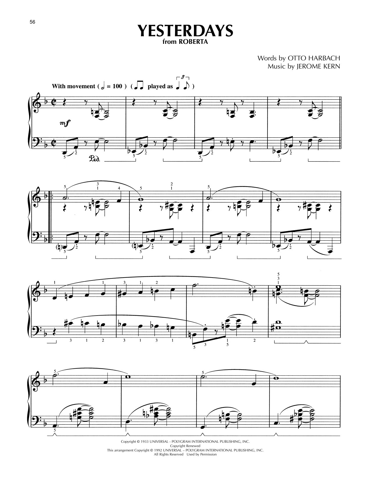 Jerome Kern Yesterdays (from Roberta) (arr. Lee Evans) Sheet Music Notes & Chords for Piano Solo - Download or Print PDF