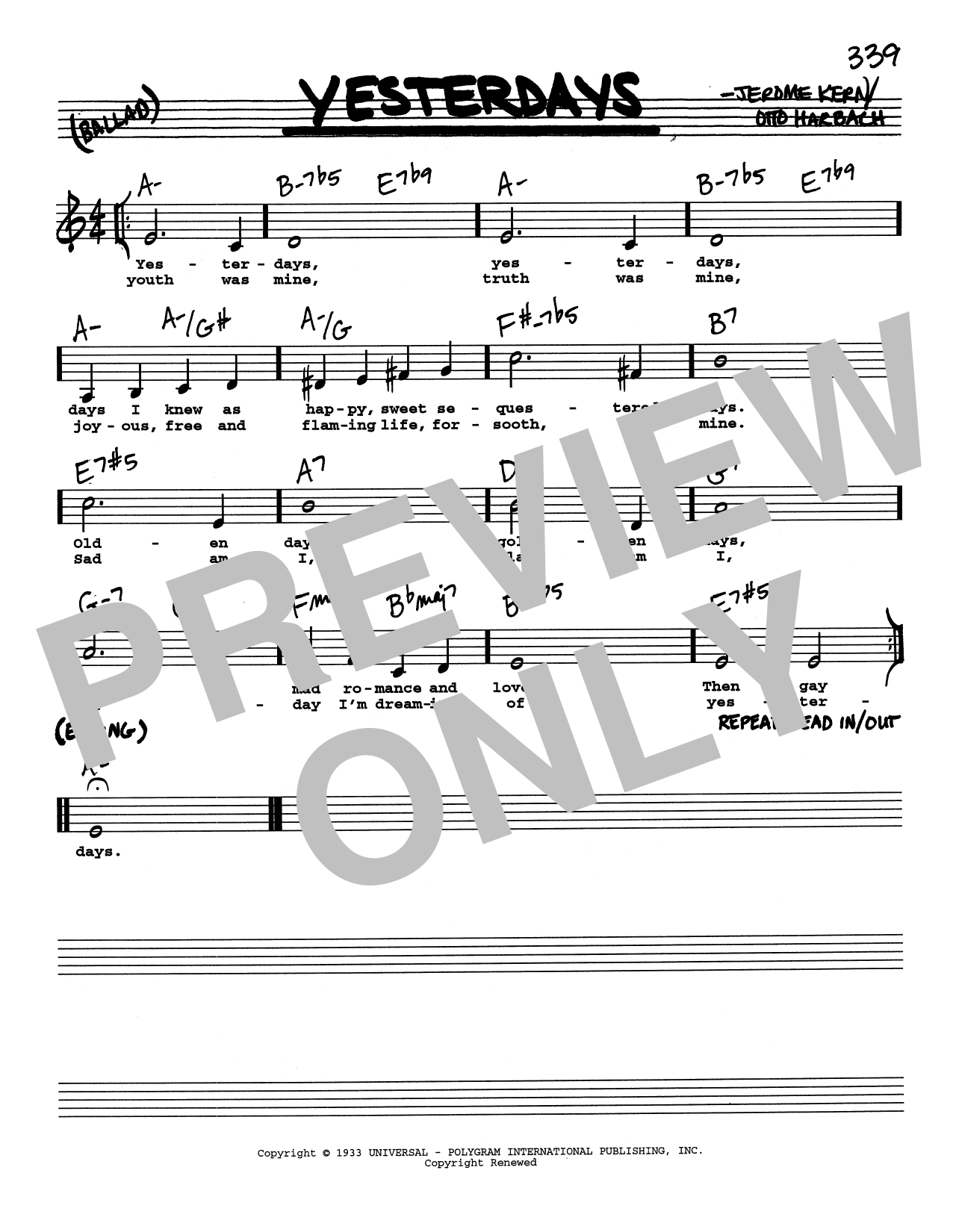 Jerome Kern Yesterdays (Low Voice) Sheet Music Notes & Chords for Real Book – Melody, Lyrics & Chords - Download or Print PDF