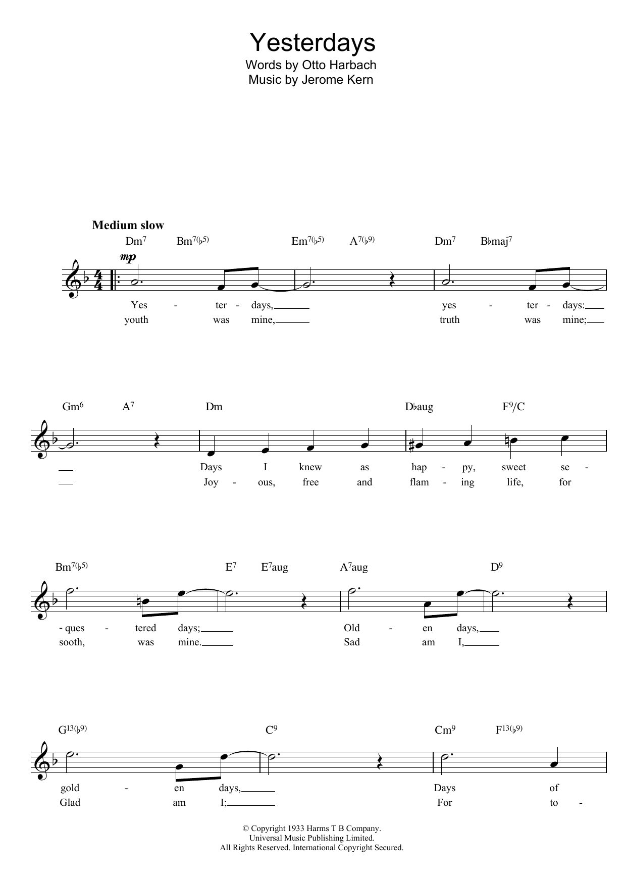 Jerome Kern Yesterdays Sheet Music Notes & Chords for Guitar Tab - Download or Print PDF